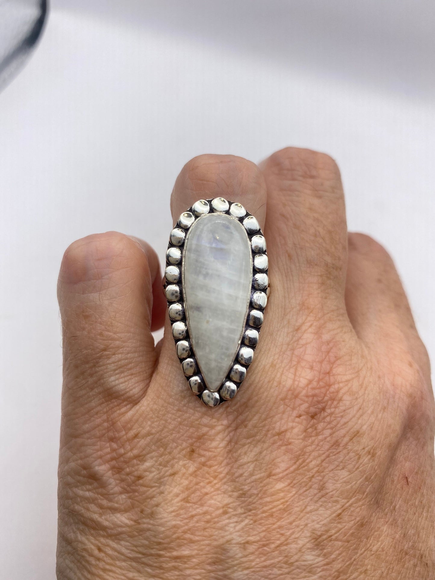 Vintage Large Blue White Rainbow Moonstone Stone Silver Ring