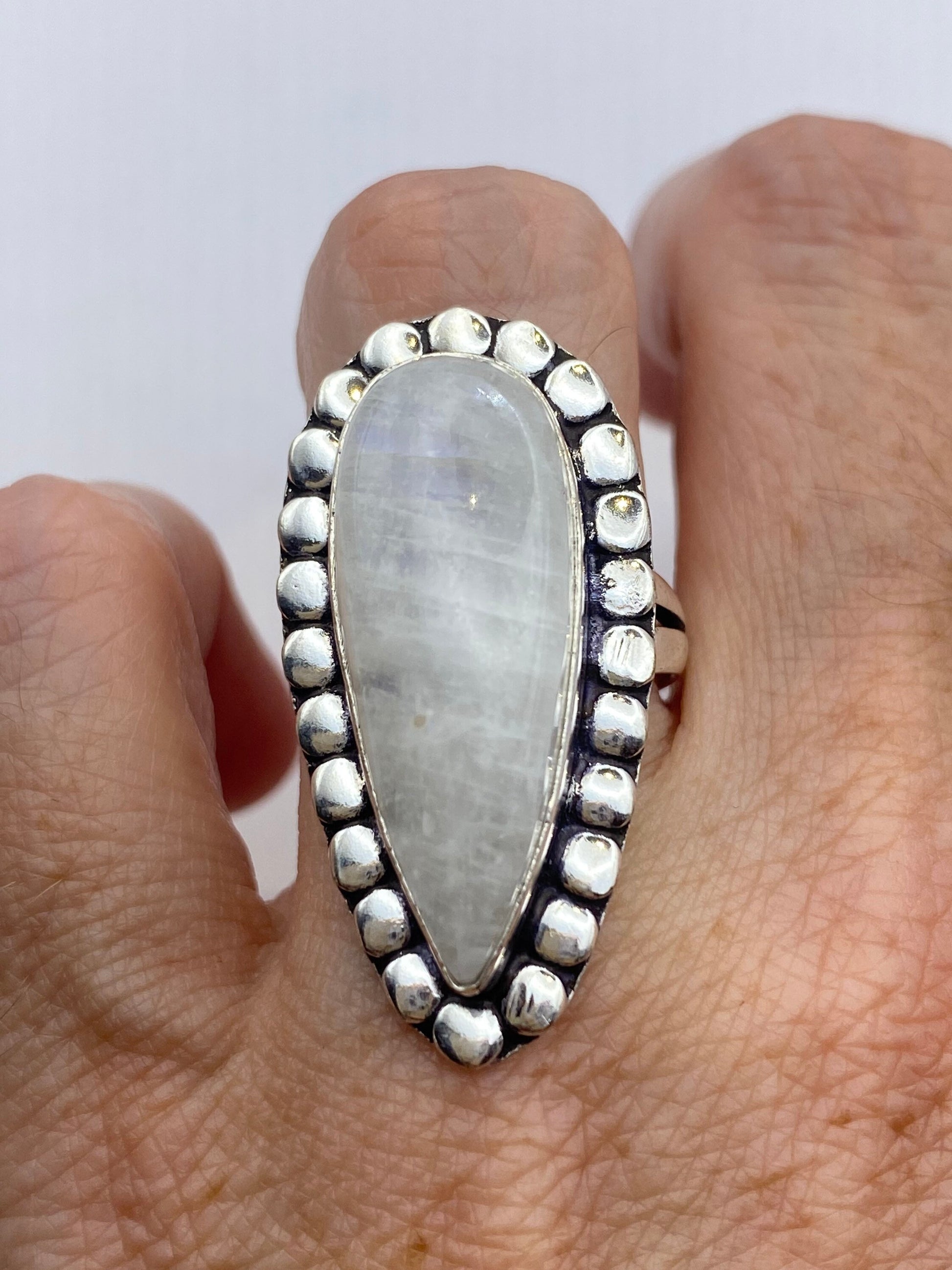 Vintage Large Blue White Rainbow Moonstone Stone Silver Ring