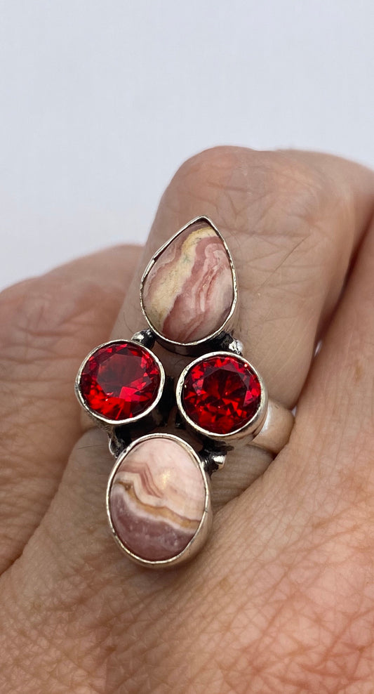 Vintage Pink Rhodochrosite Ruby Glass Ring Silver Cocktail