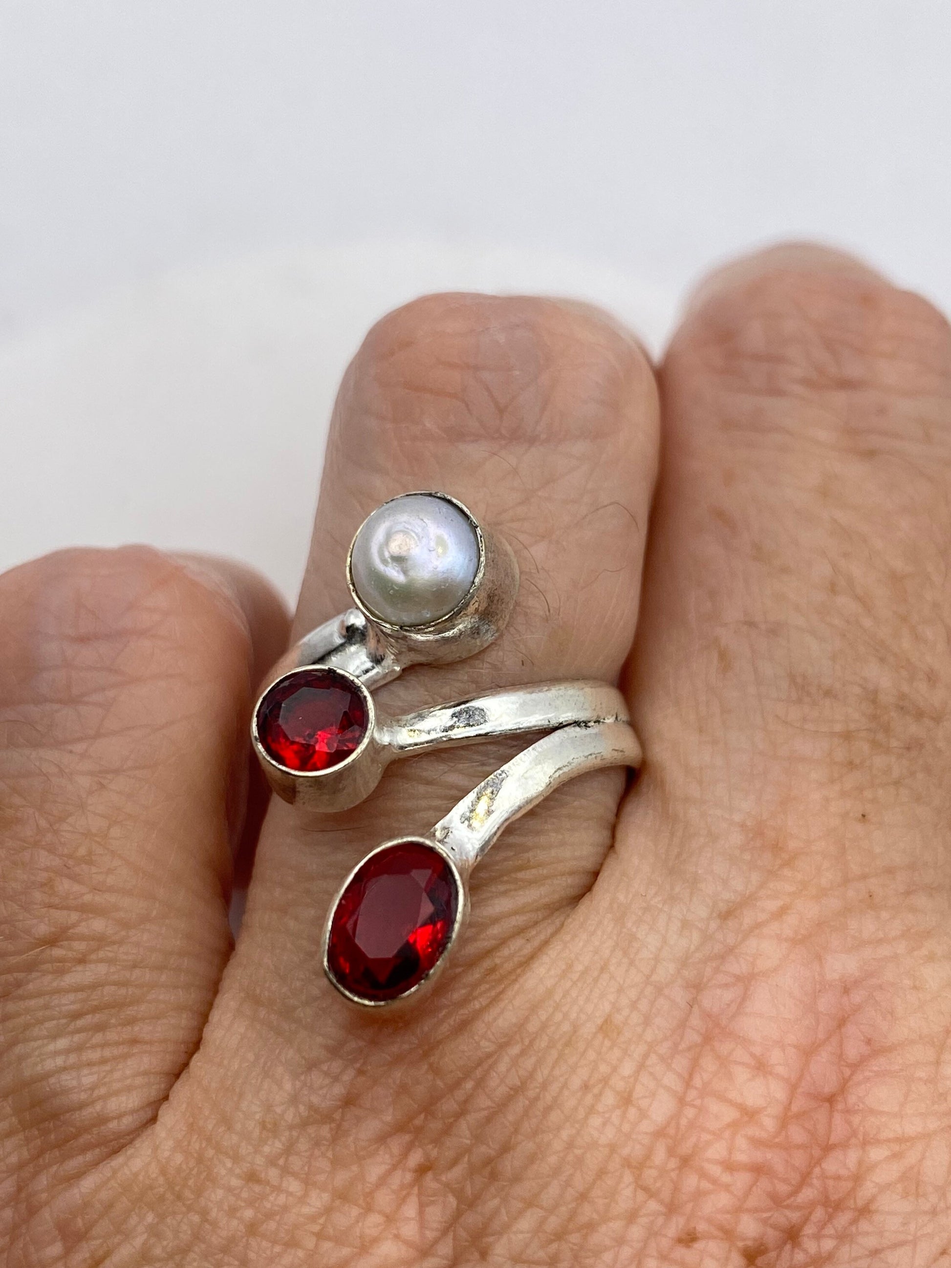 Vintage Boho Ruby Glass Pearl Cocktail Ring Adjustable