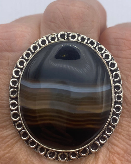 Vintage Black and White Banded Agate White Bronze Silver Cocktail Ring