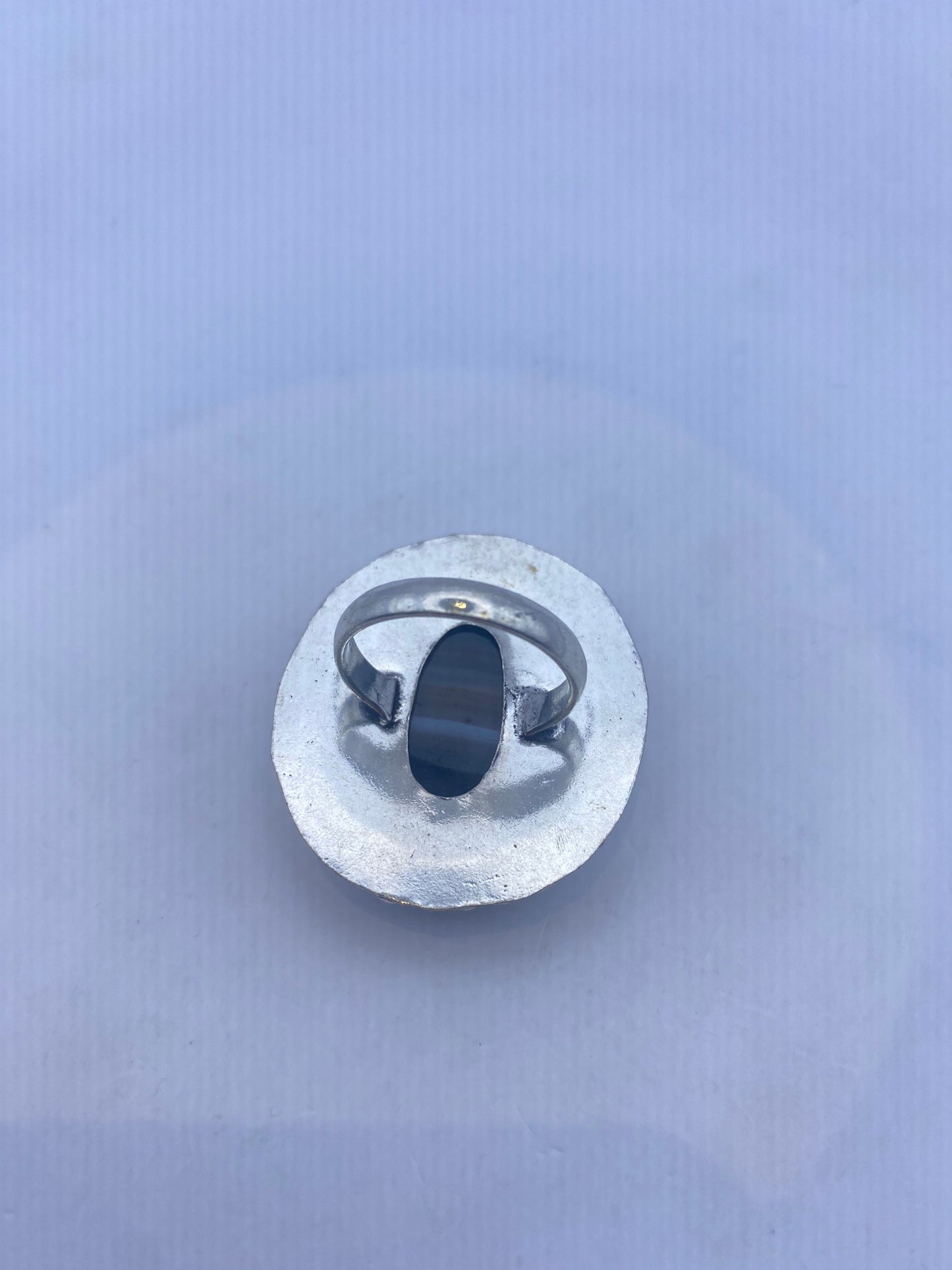 Vintage Black and White Banded Agate White Bronze Silver Cocktail Ring
