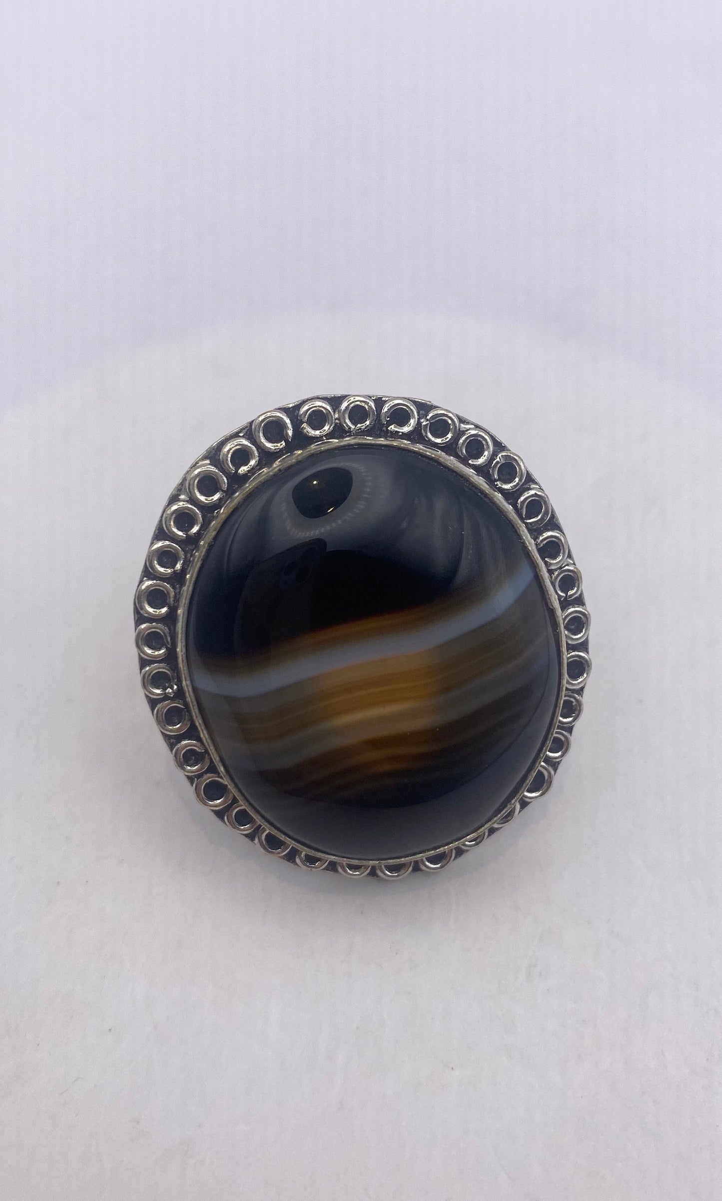 Vintage Black and White Banded Agate White Bronze Silver Cocktail Ring
