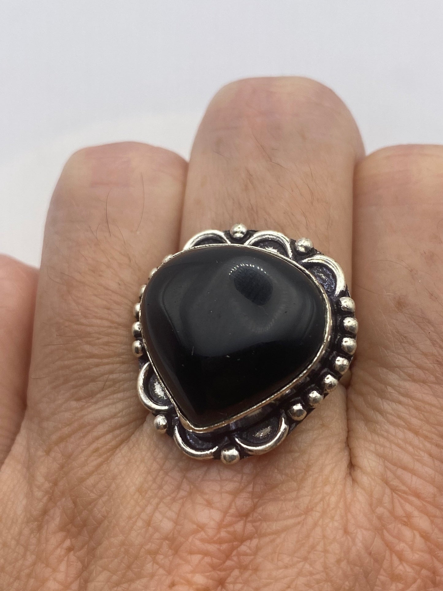 Vintage Black Onyx Silver Cocktail Ring Size 6.25