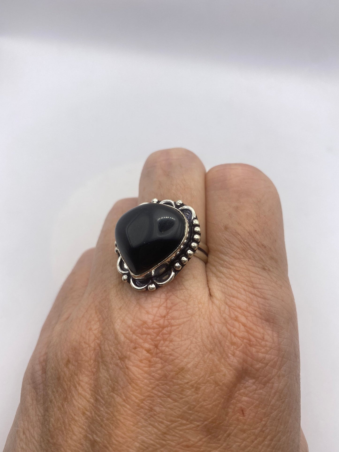 Vintage Black Onyx Silver Cocktail Ring Size 6.25