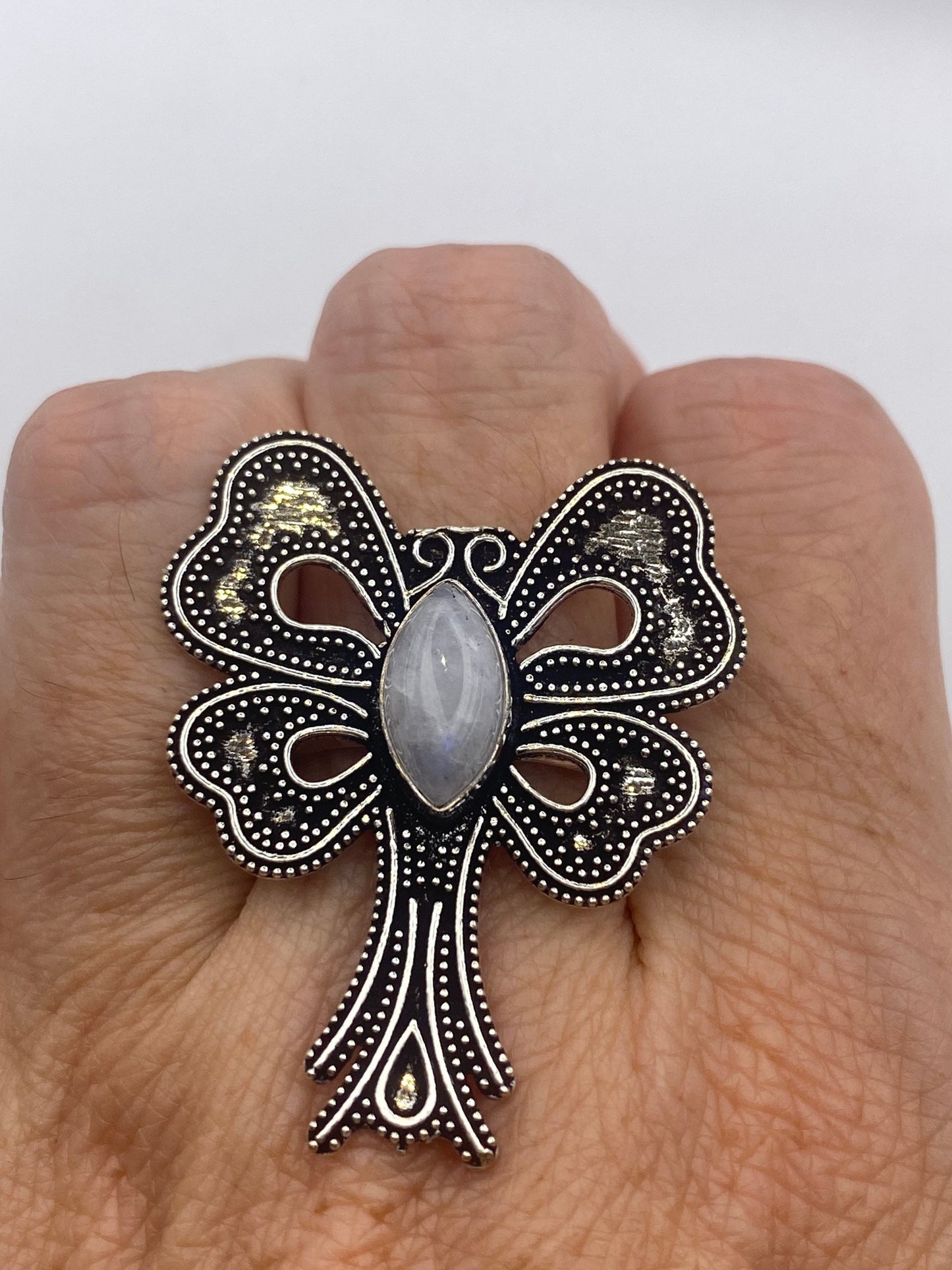 Vintage Lunar Moth Rainbow Moonstone White Bronze Silver Cocktail Ring Size 6.5