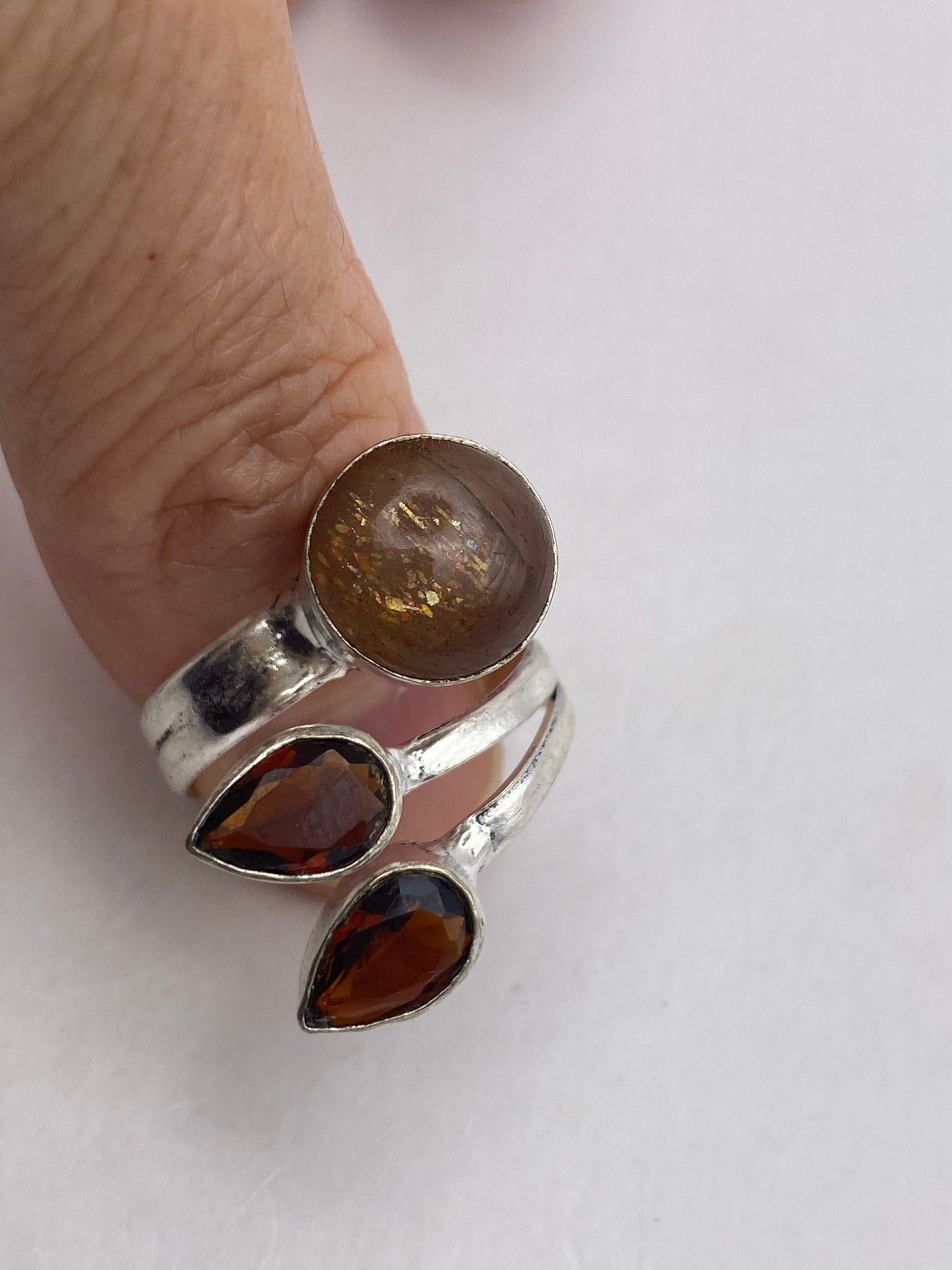 Vintage Genuine Bronze Moonstone Garnet Adjustable Ring
