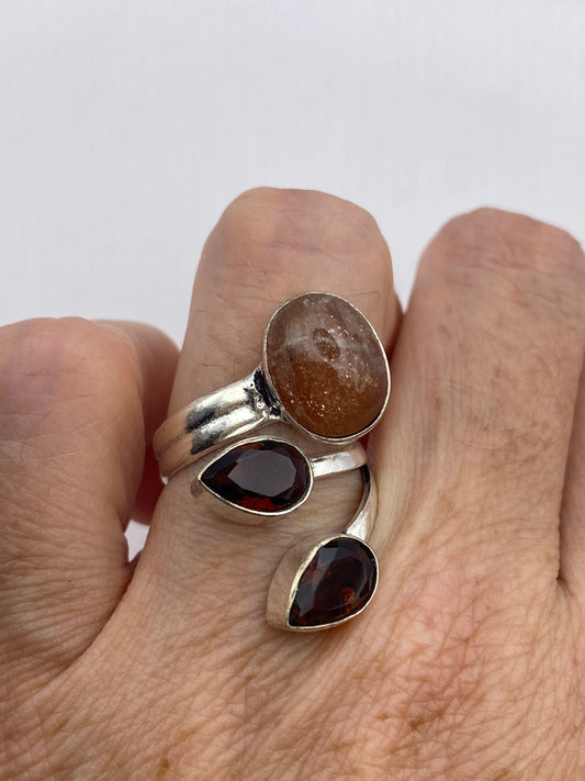 Vintage Genuine Bronze Moonstone Garnet Adjustable Ring