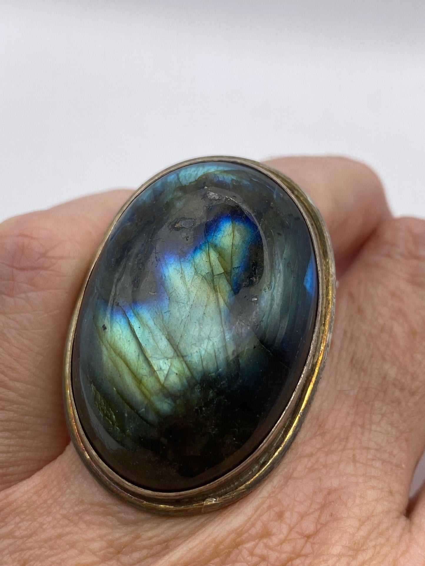 Vintage Large Blue Green Labradorite Stone 925 Sterling Silver Ring