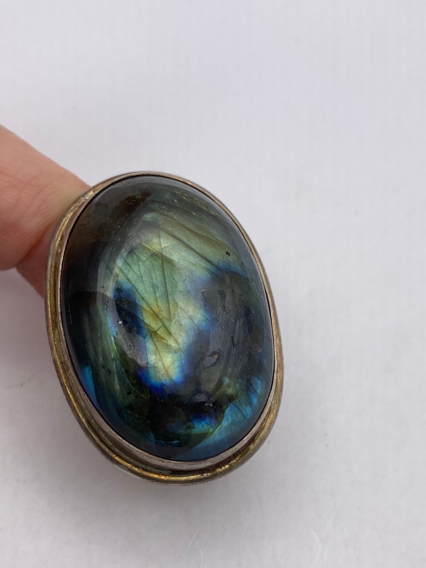 Vintage Large Blue Green Labradorite Stone 925 Sterling Silver Ring