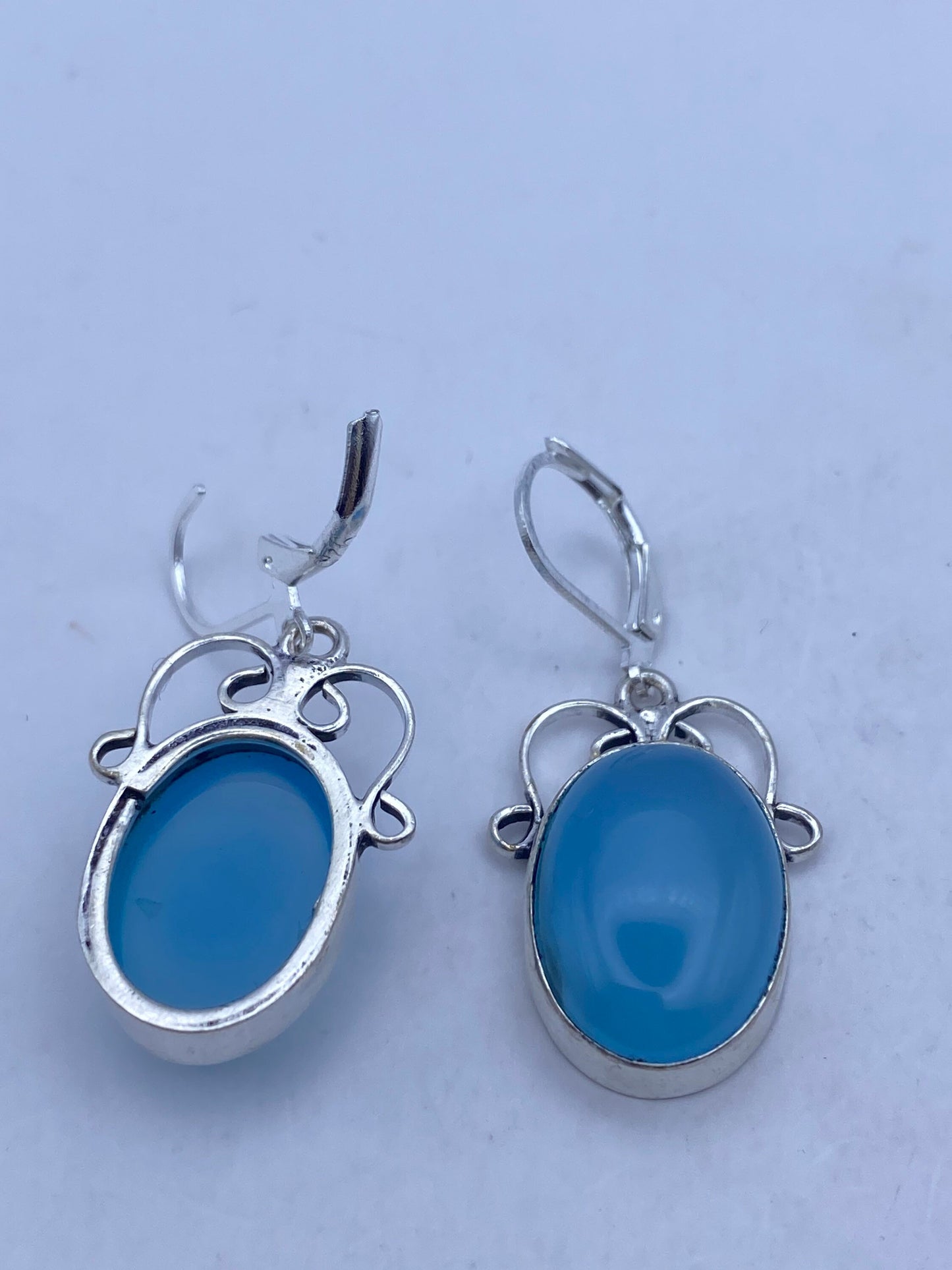 Vintage Genuine Blue Chalcedony Gemstone Filigree Sterling Silver Lever Back Chandelier Earrings