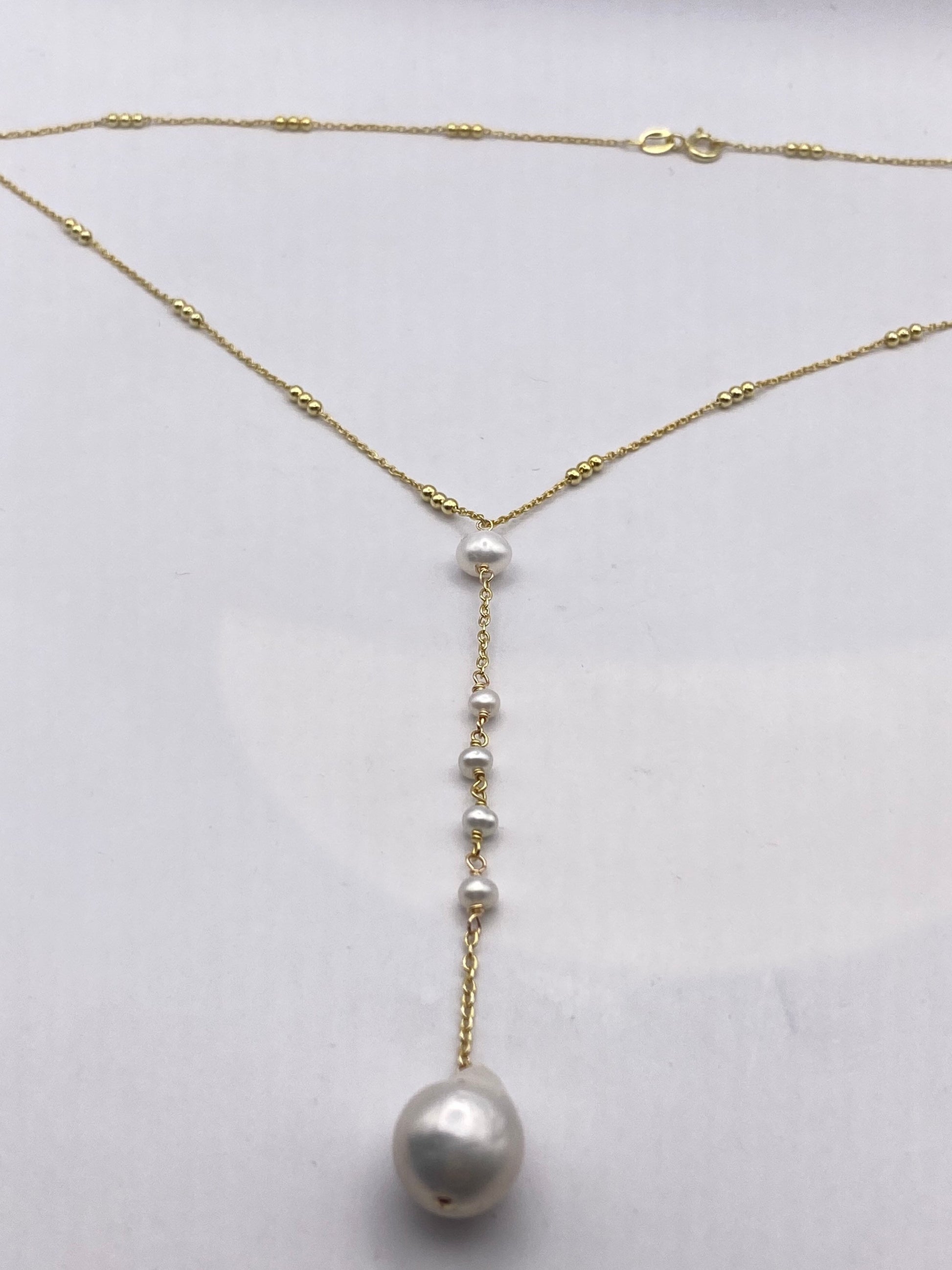 Vintage Golden 925 Sterling Silver White Pearl Pendant 16 inch Y necklace