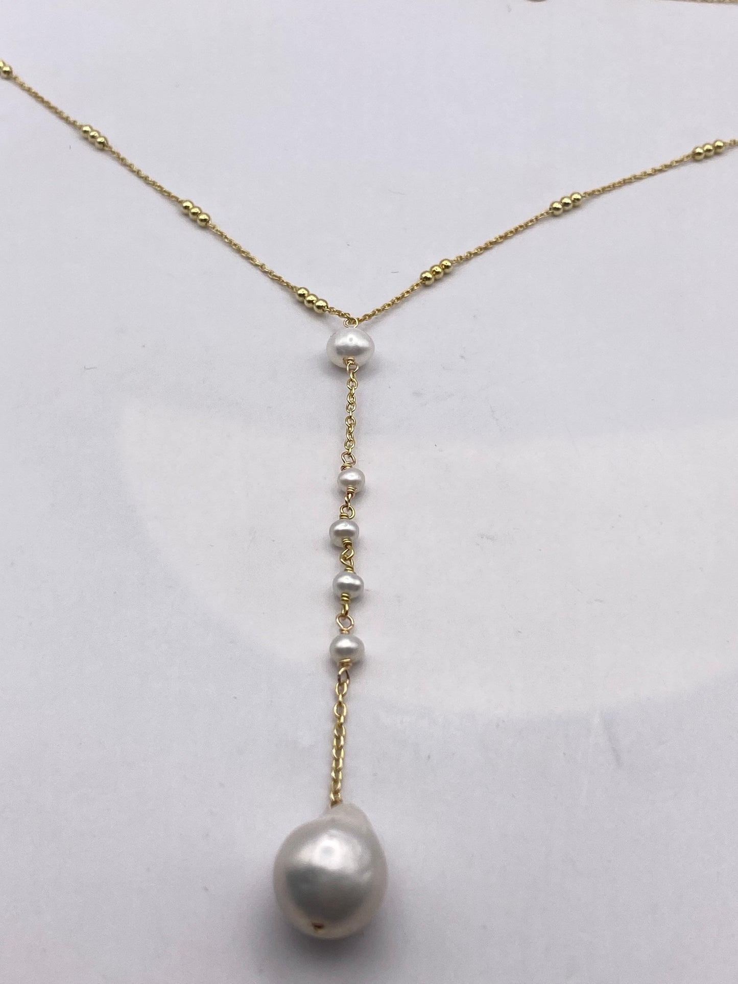 Vintage Golden 925 Sterling Silver White Pearl Pendant 16 inch Y necklace