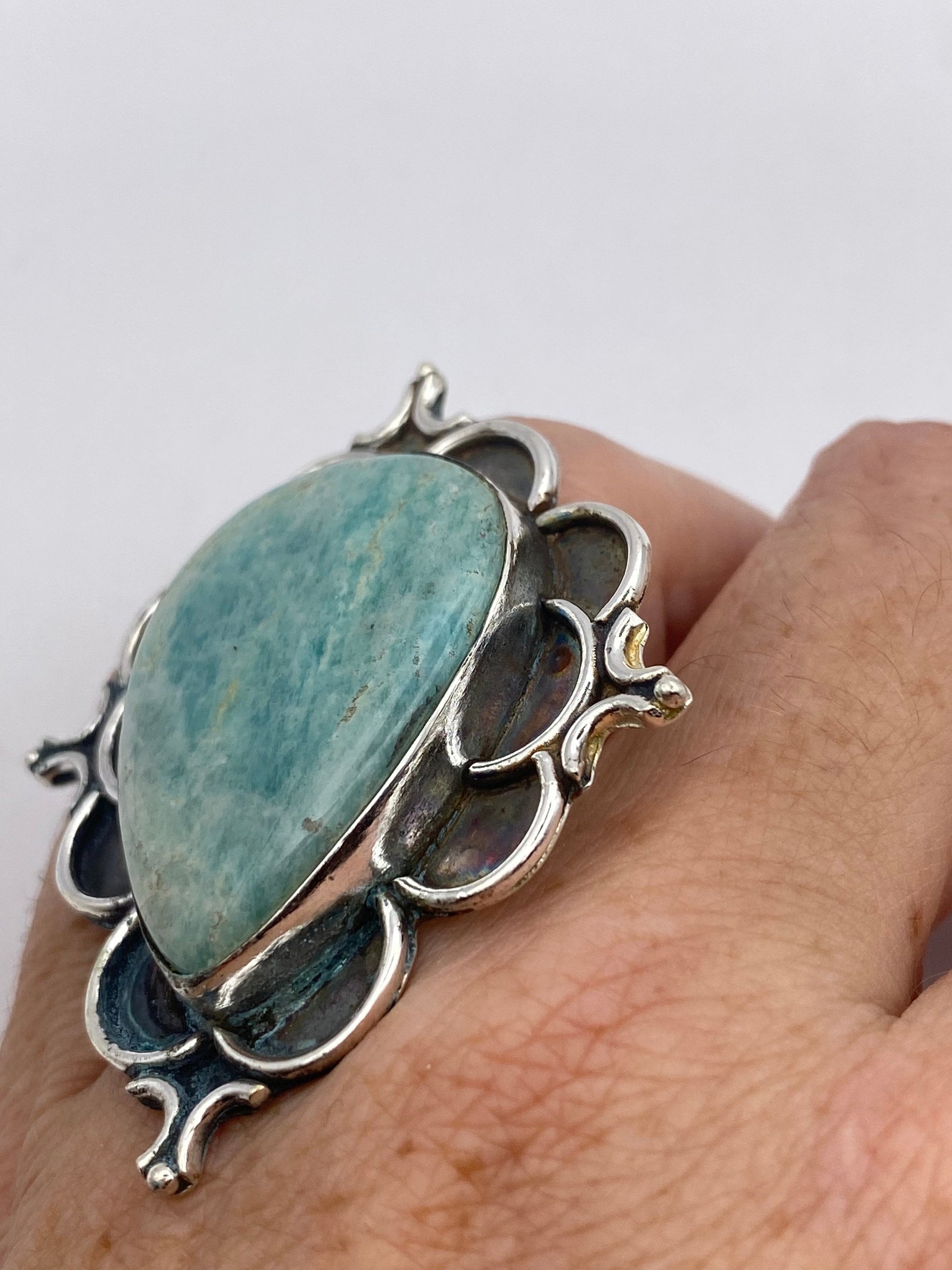 Vintage Green Amazonite Silver Ring Size 6.5