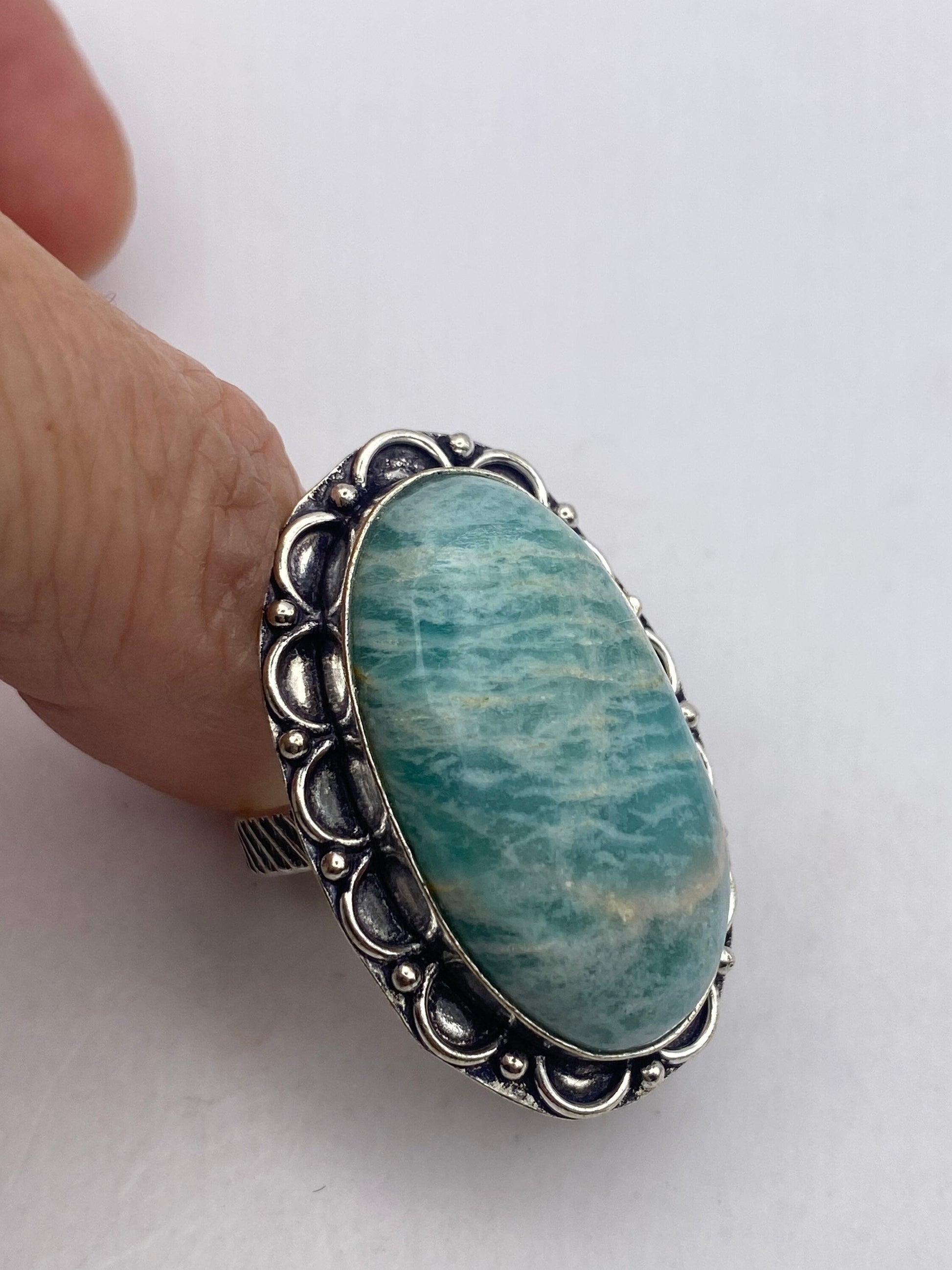 Vintage Green Amazonite Silver Ring Size 7.5