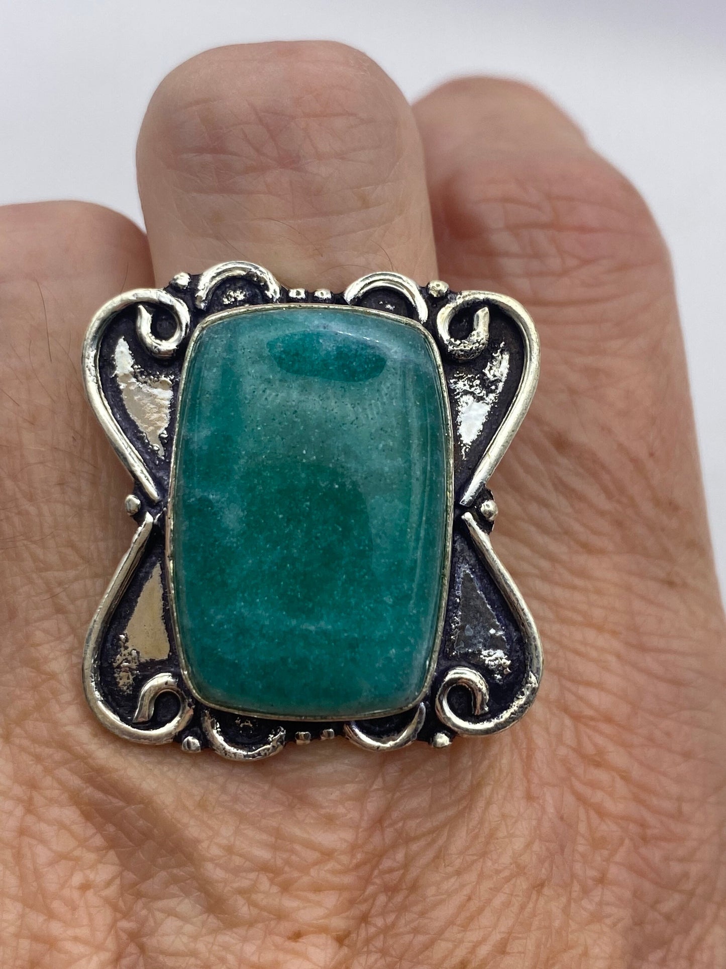 Vintage Green Amazonite Silver Ring Size 7.75