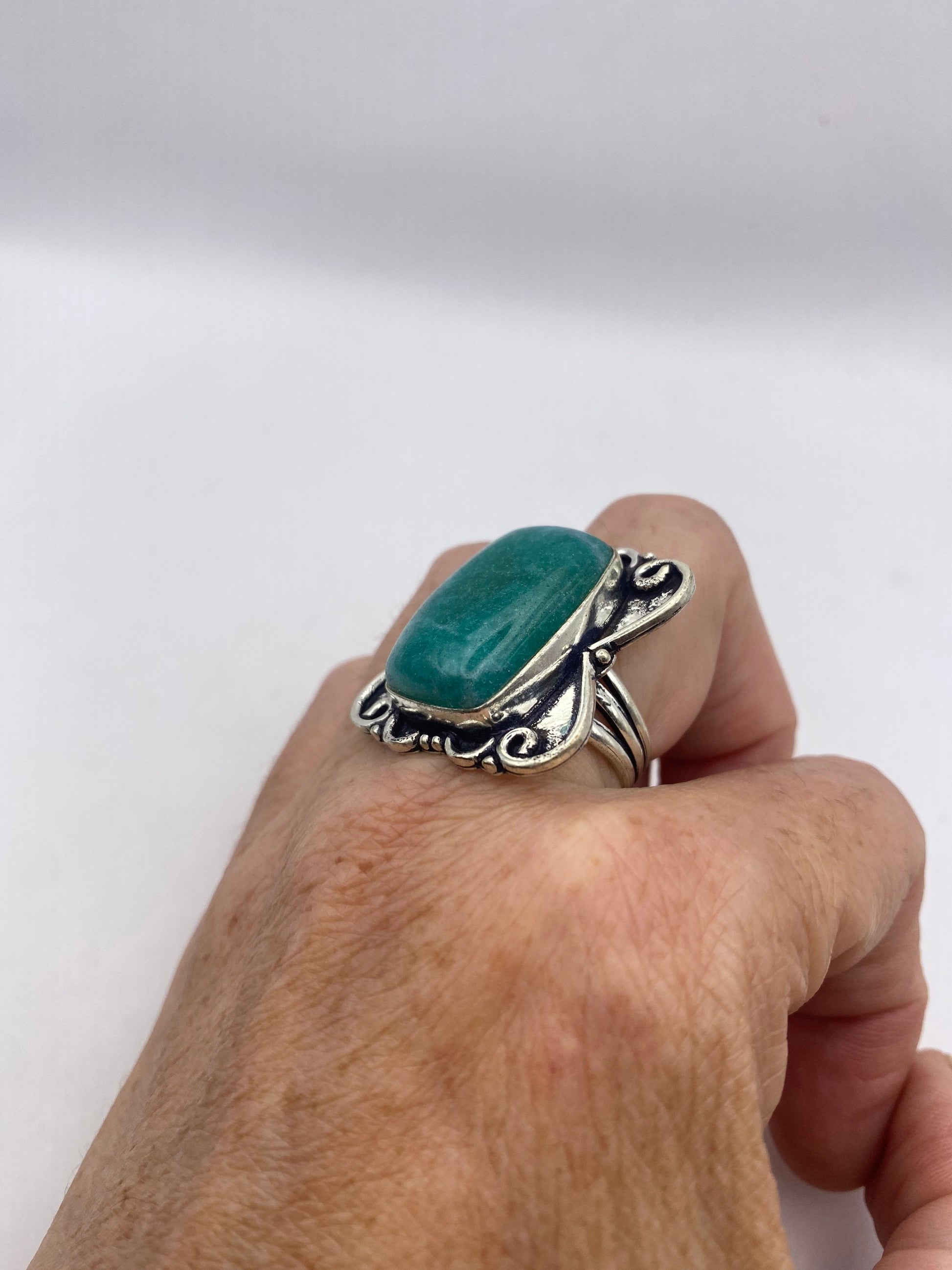 Vintage Green Amazonite Silver Ring Size 7.75