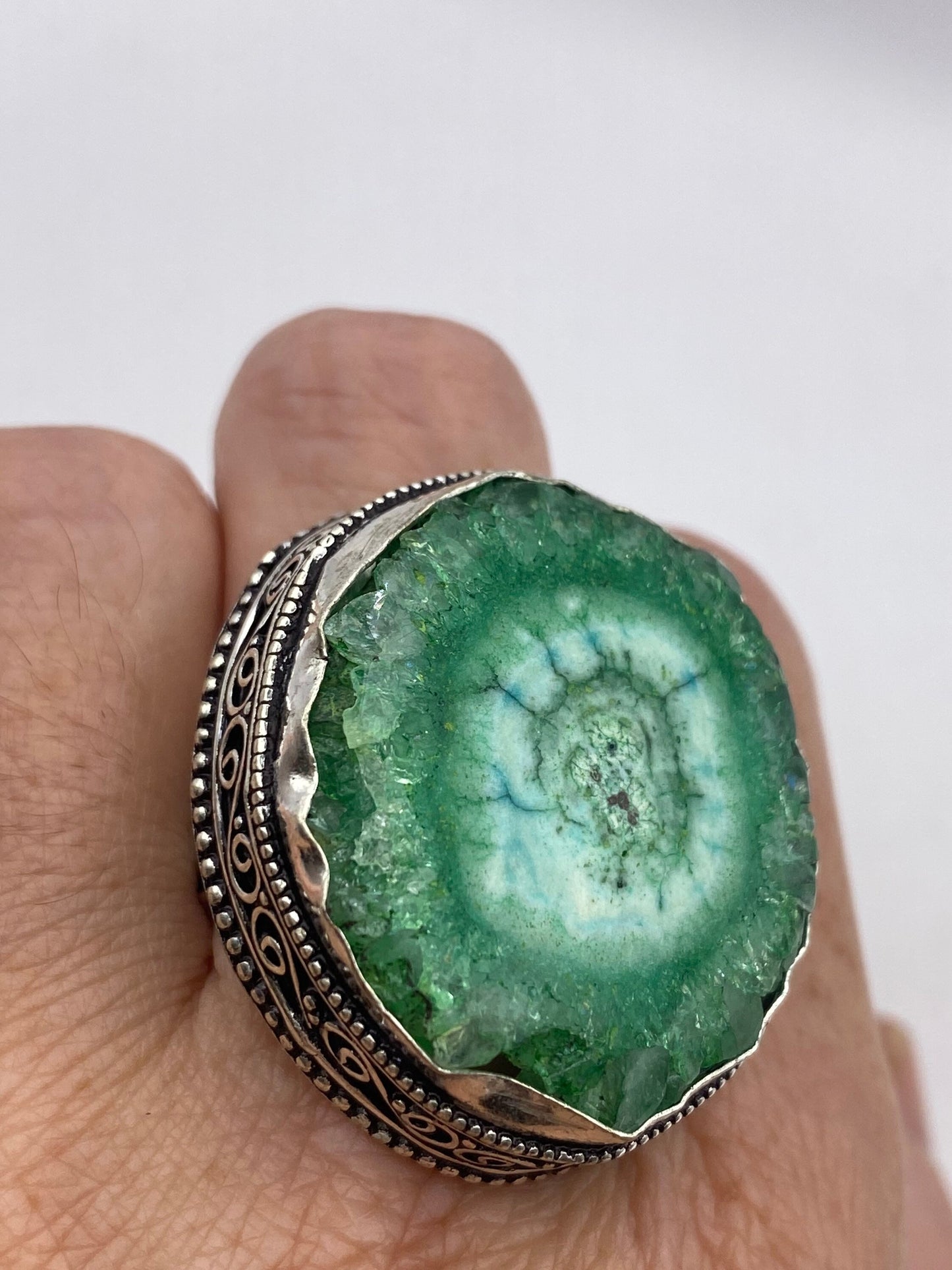 Vintage Green Agate Geode Silver Ring Size 8