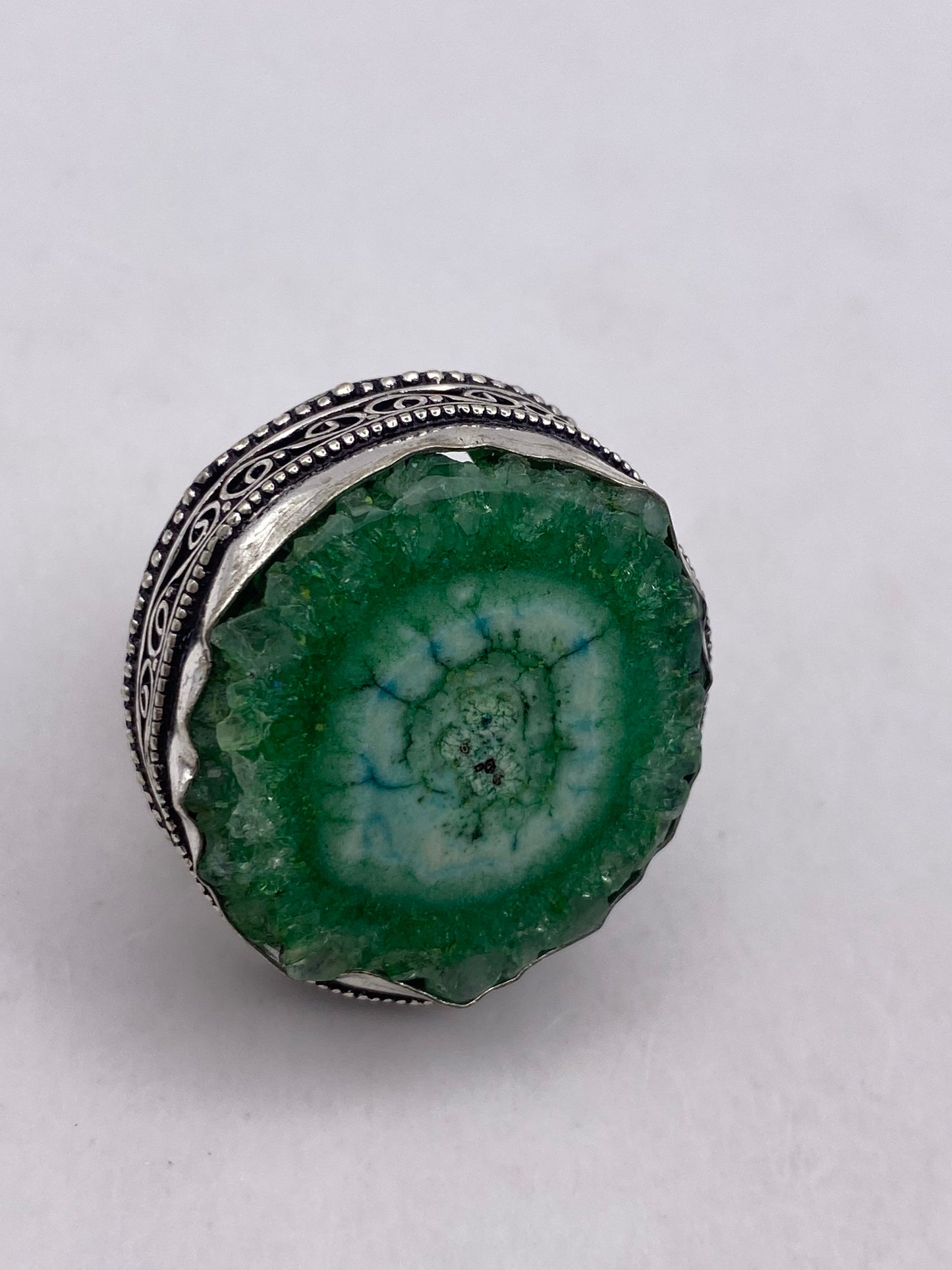 Vintage Green Agate Geode Silver Ring Size 8