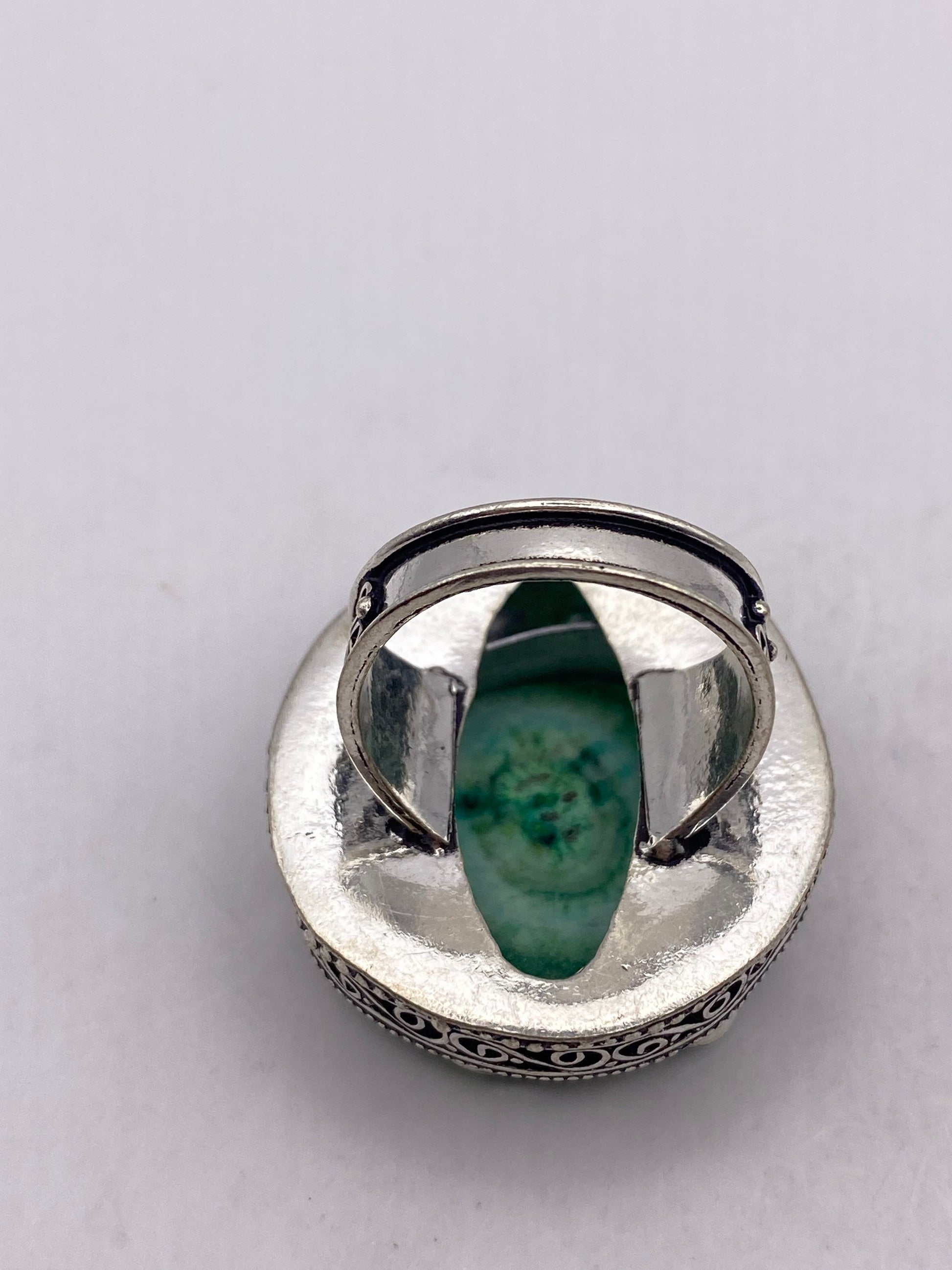 Vintage Green Agate Geode Silver Ring Size 8