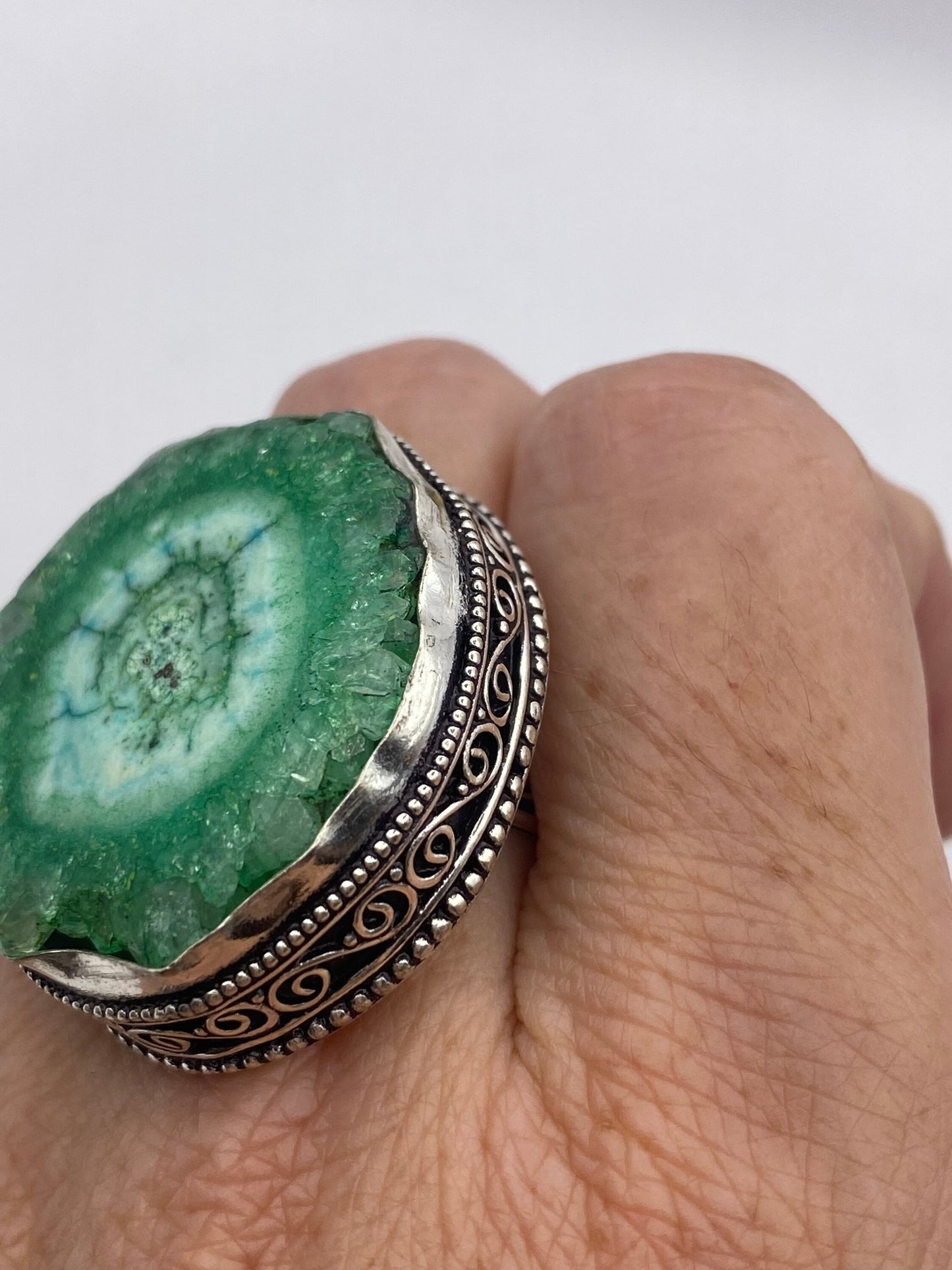 Vintage Green Agate Geode Silver Ring Size 8