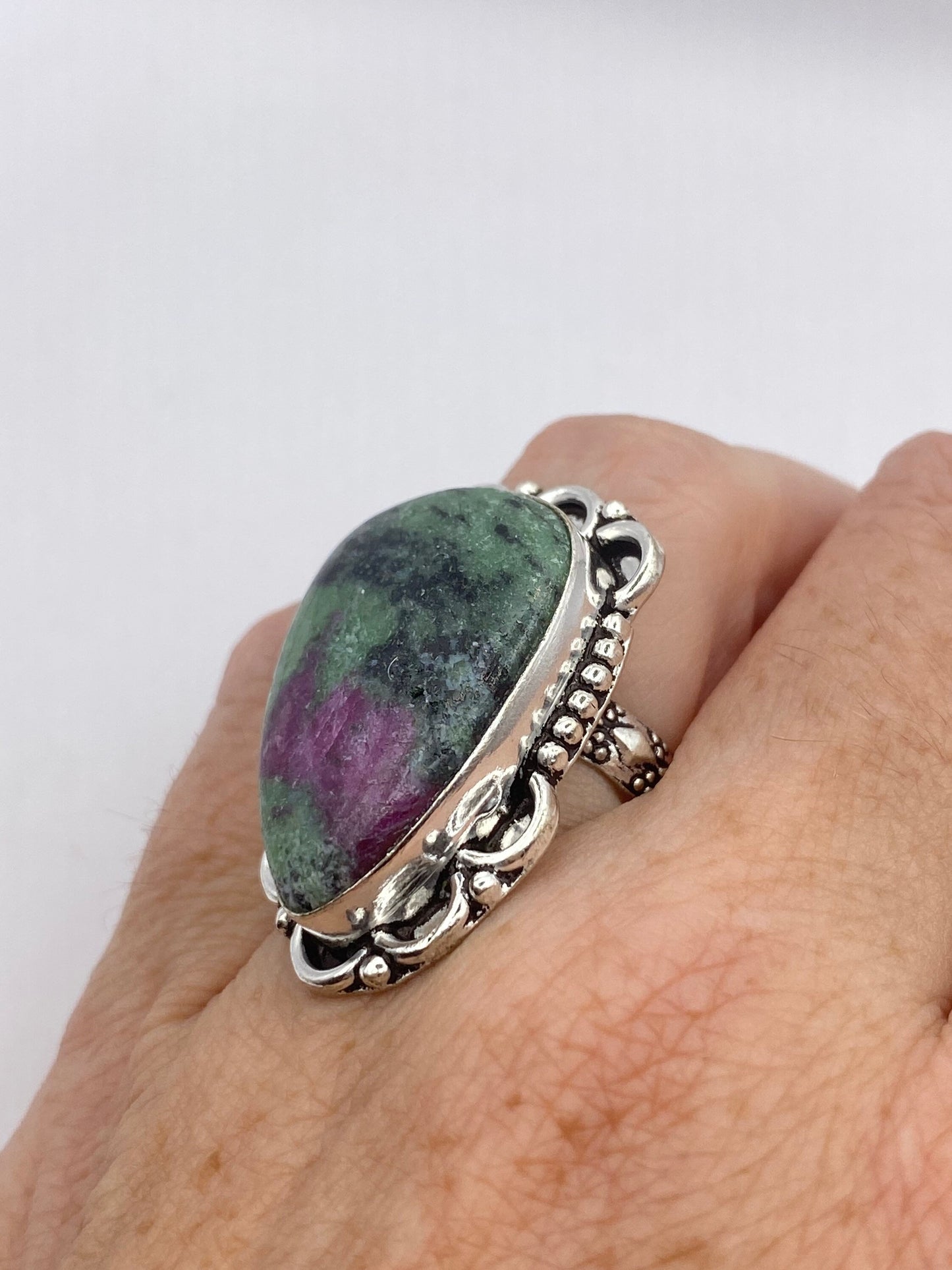 Vintage Handmade Raw Pink Ruby Zoisite Silver Gothic Ring