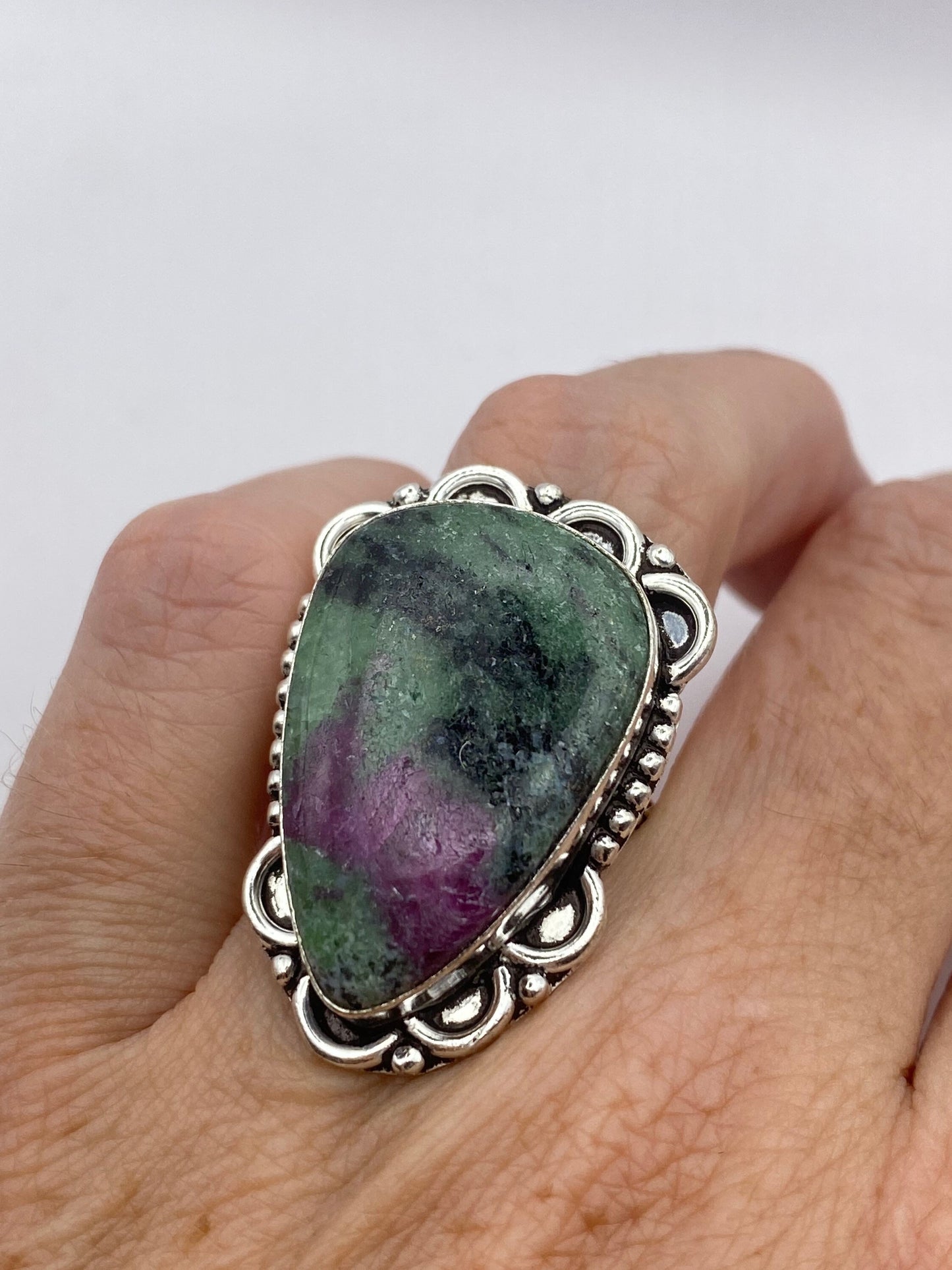 Vintage Handmade Raw Pink Ruby Zoisite Silver Gothic Ring