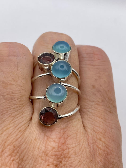 Vintage Genuine Blue Chalcedony Amethyst Cocktail Statement Ring Adjustable