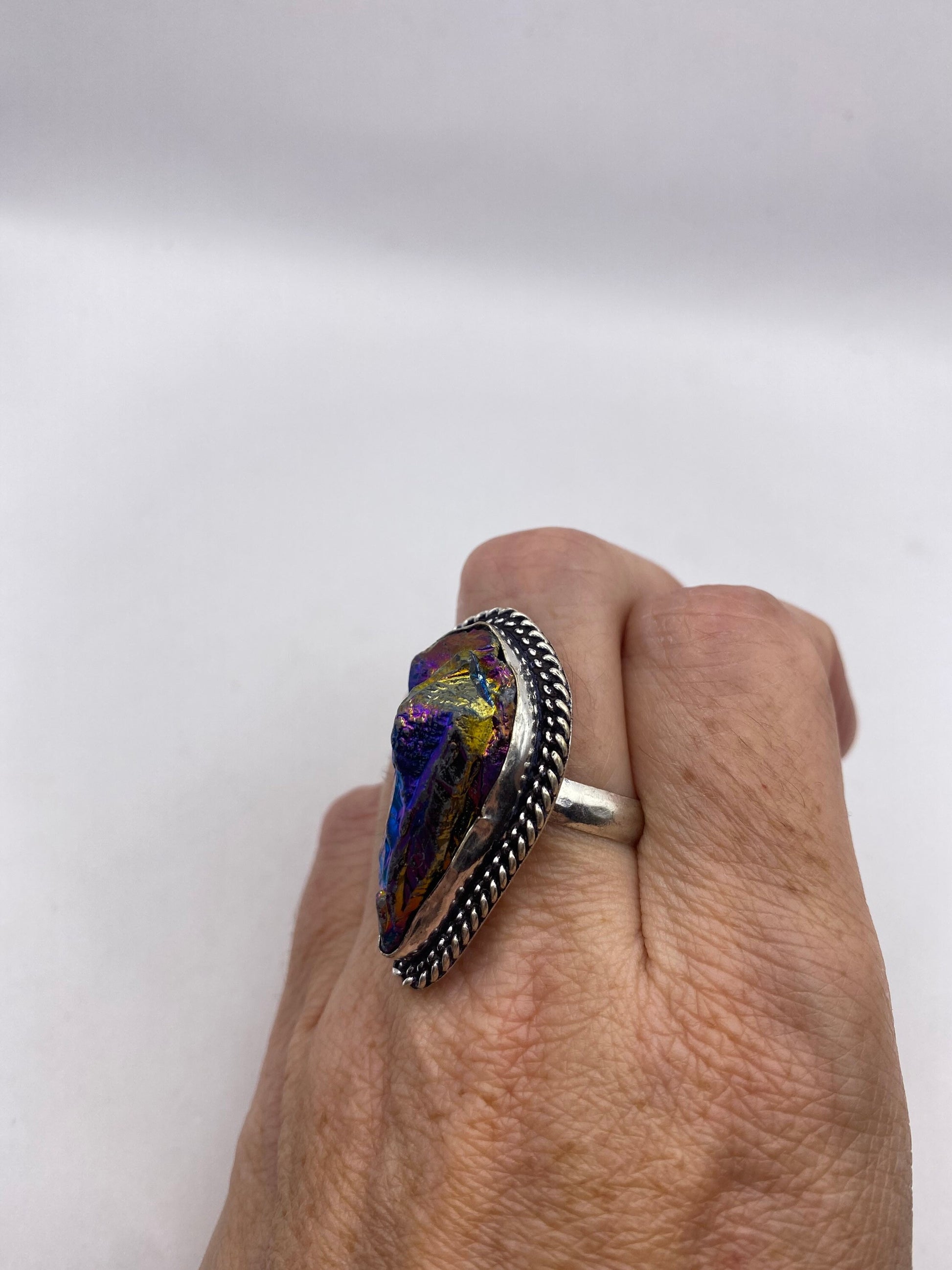 Vintage Mystic Peacock Ore Silver Cocktail Ring Size 9