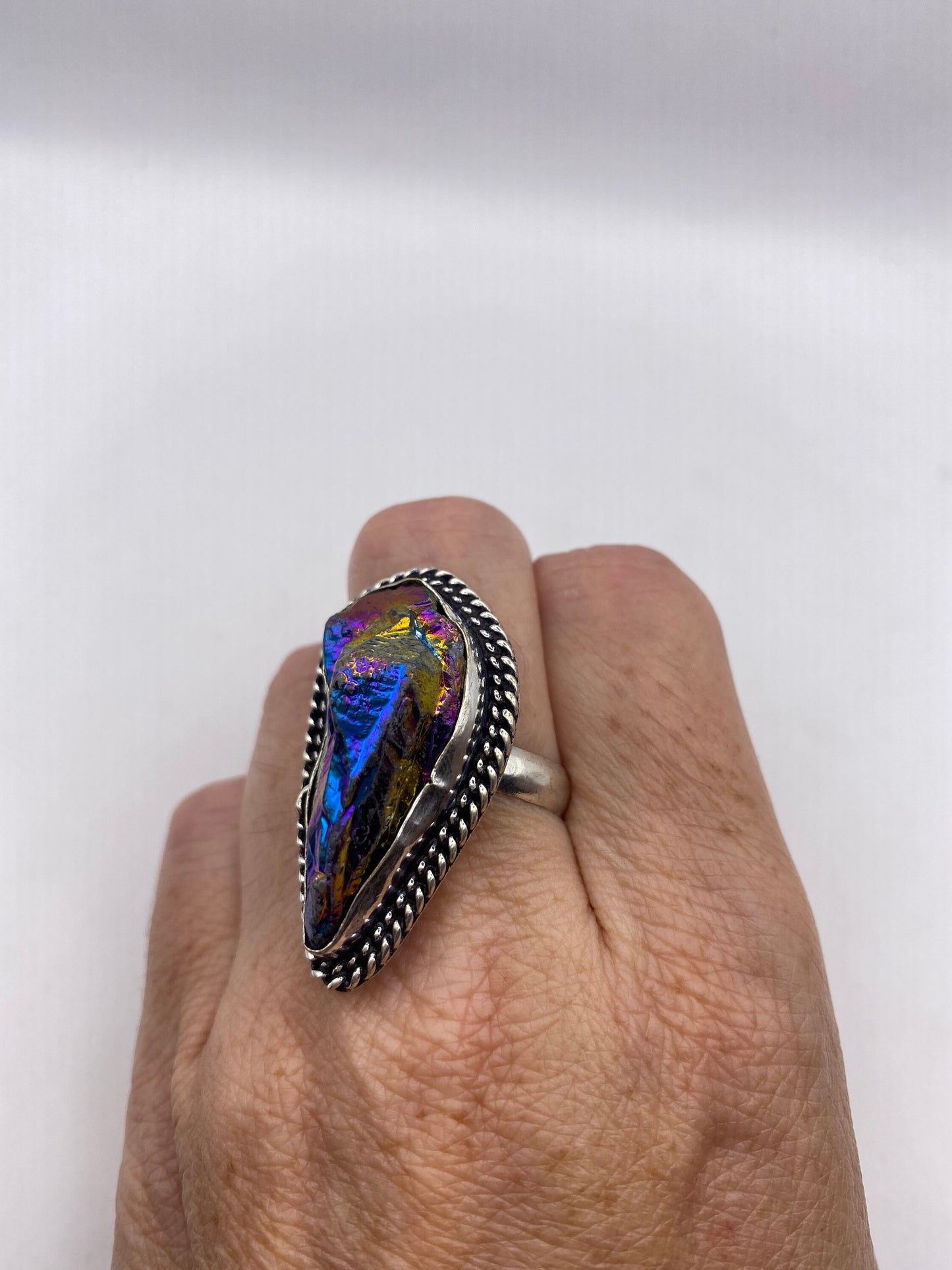 Vintage Mystic Peacock Ore Silver Cocktail Ring Size 9