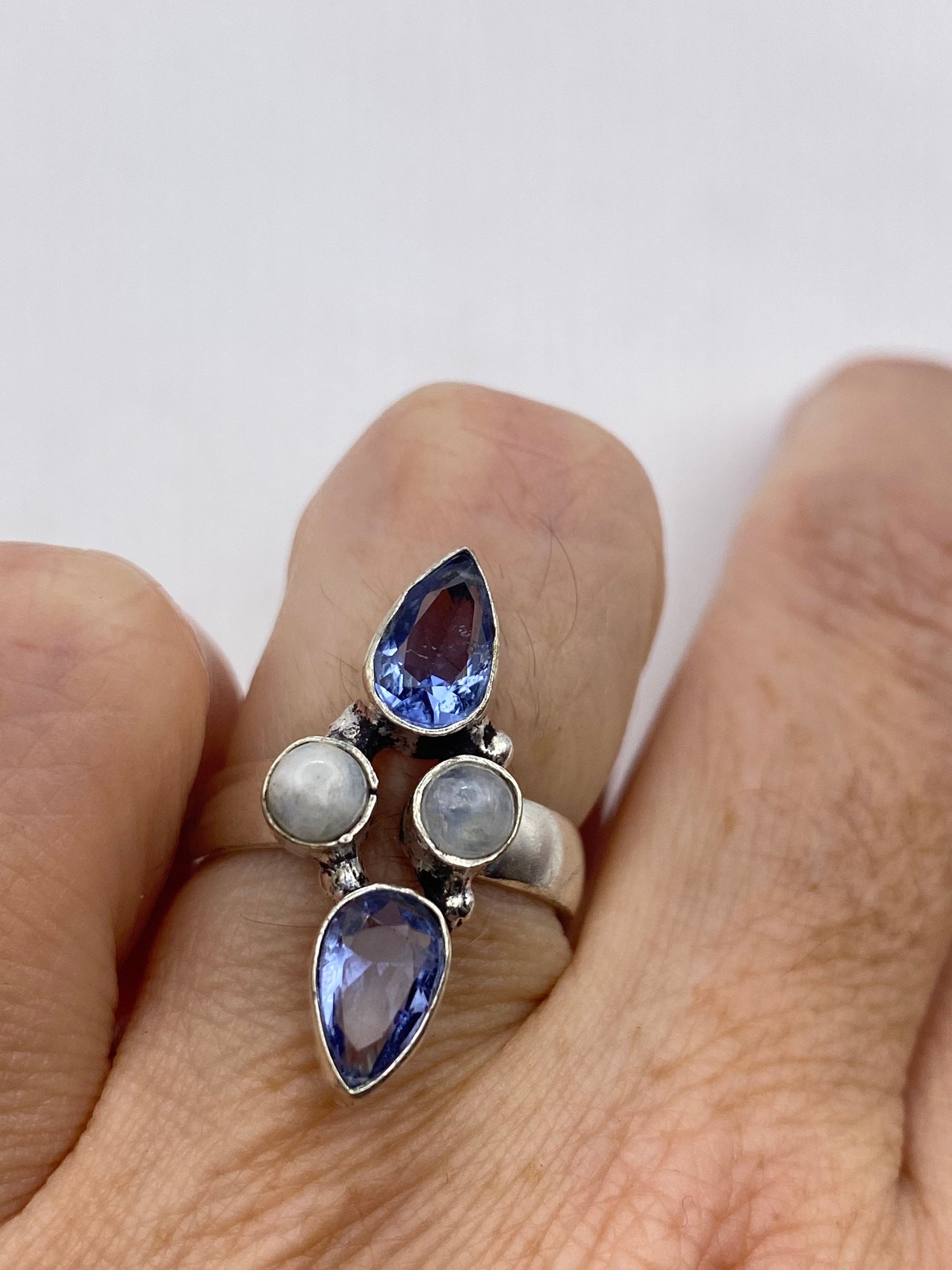 Vintage Genuine Blue White Rainbow Moonstone Ring