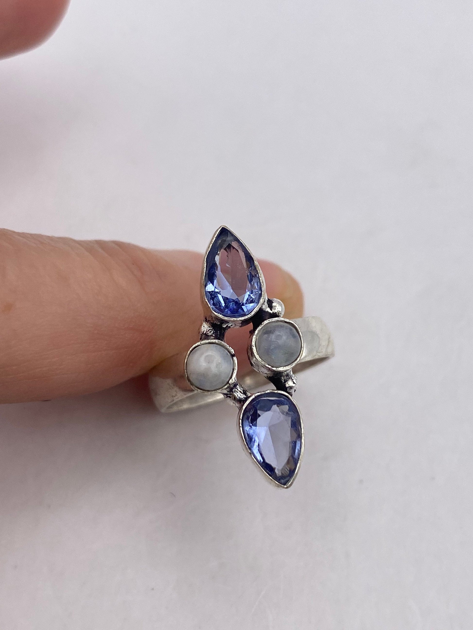 Vintage Genuine Blue White Rainbow Moonstone Ring