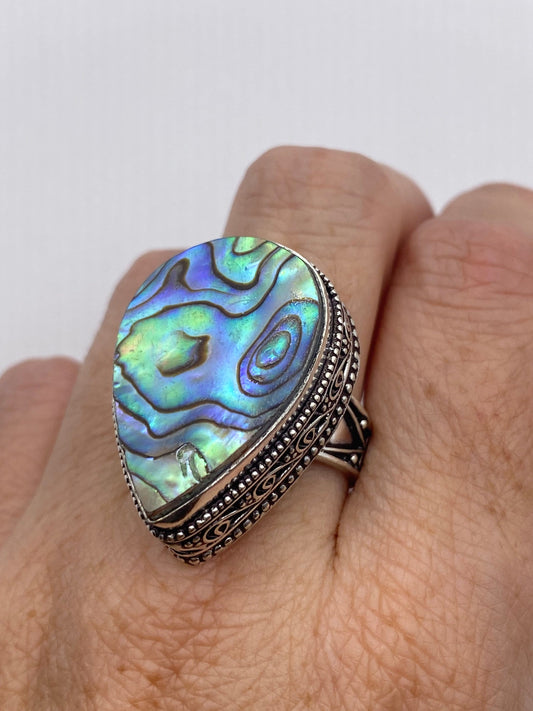 Vintage Green Abalone White Bronze Silver Cocktail Ring