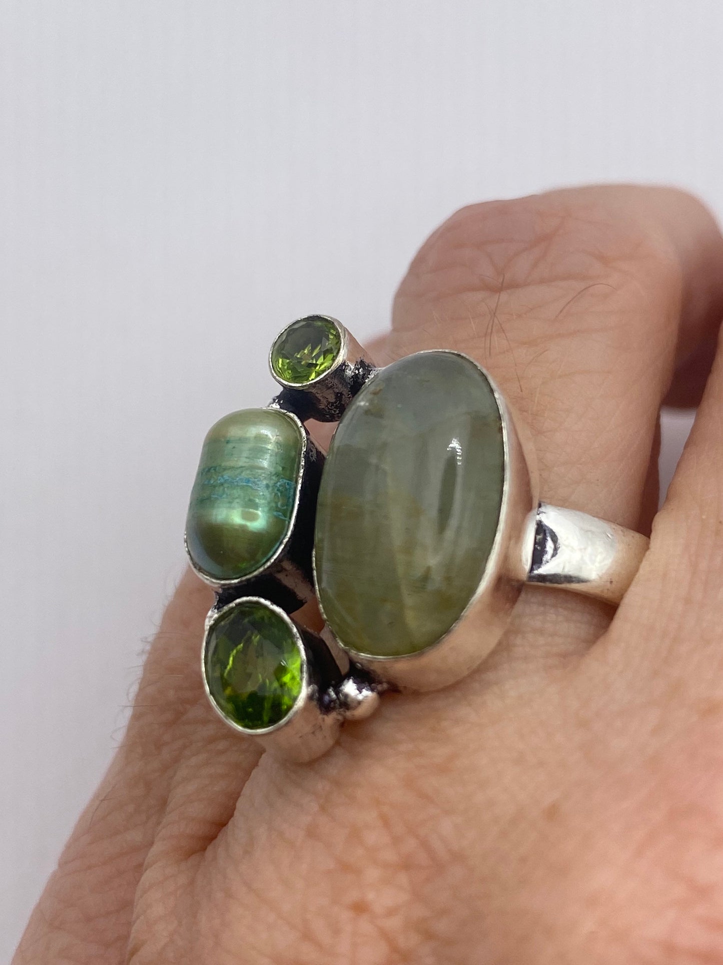 Vintage Green Pearl Peridot Jade Cocktail Ring