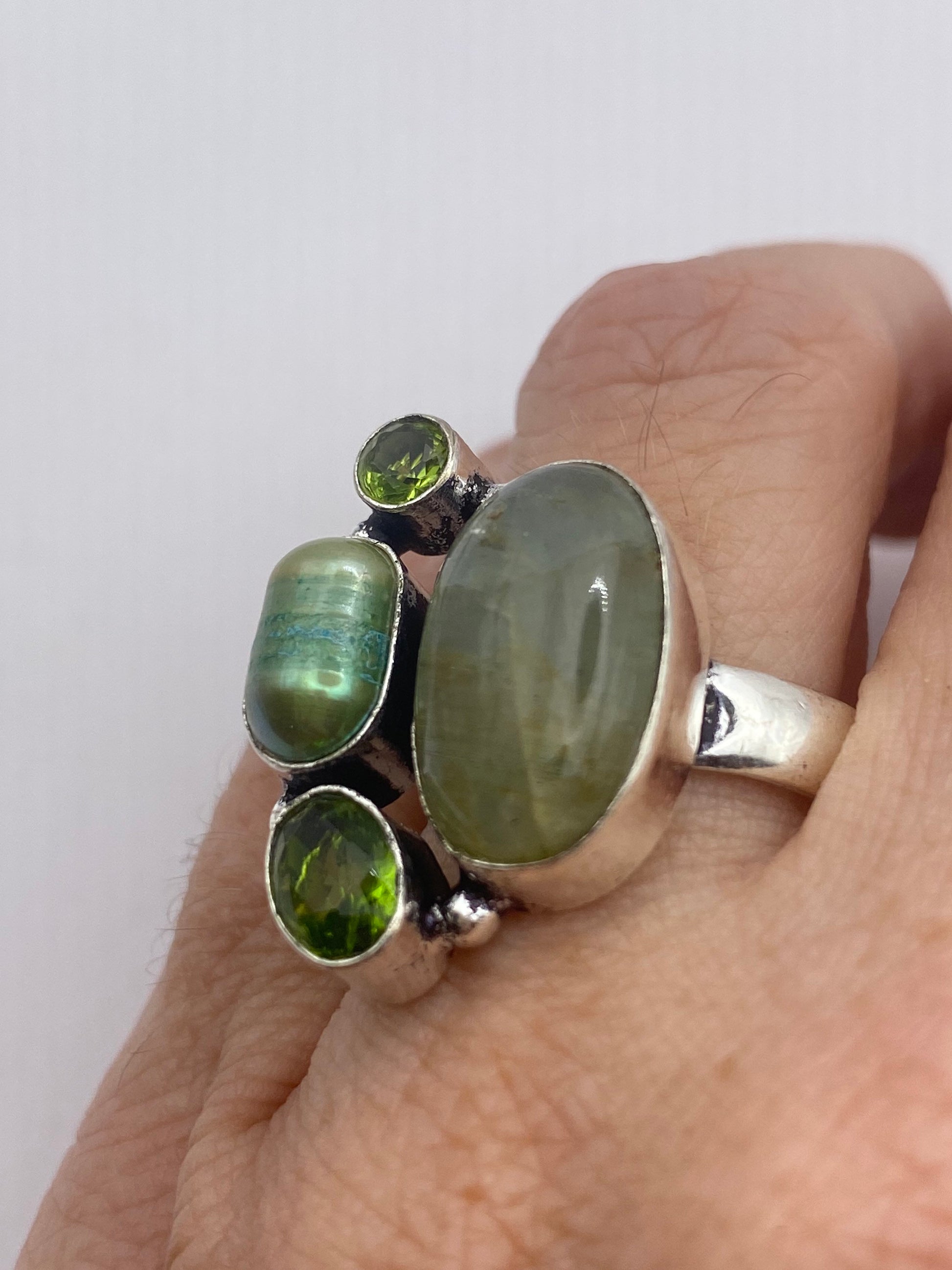 Vintage Green Pearl Peridot Jade Cocktail Ring