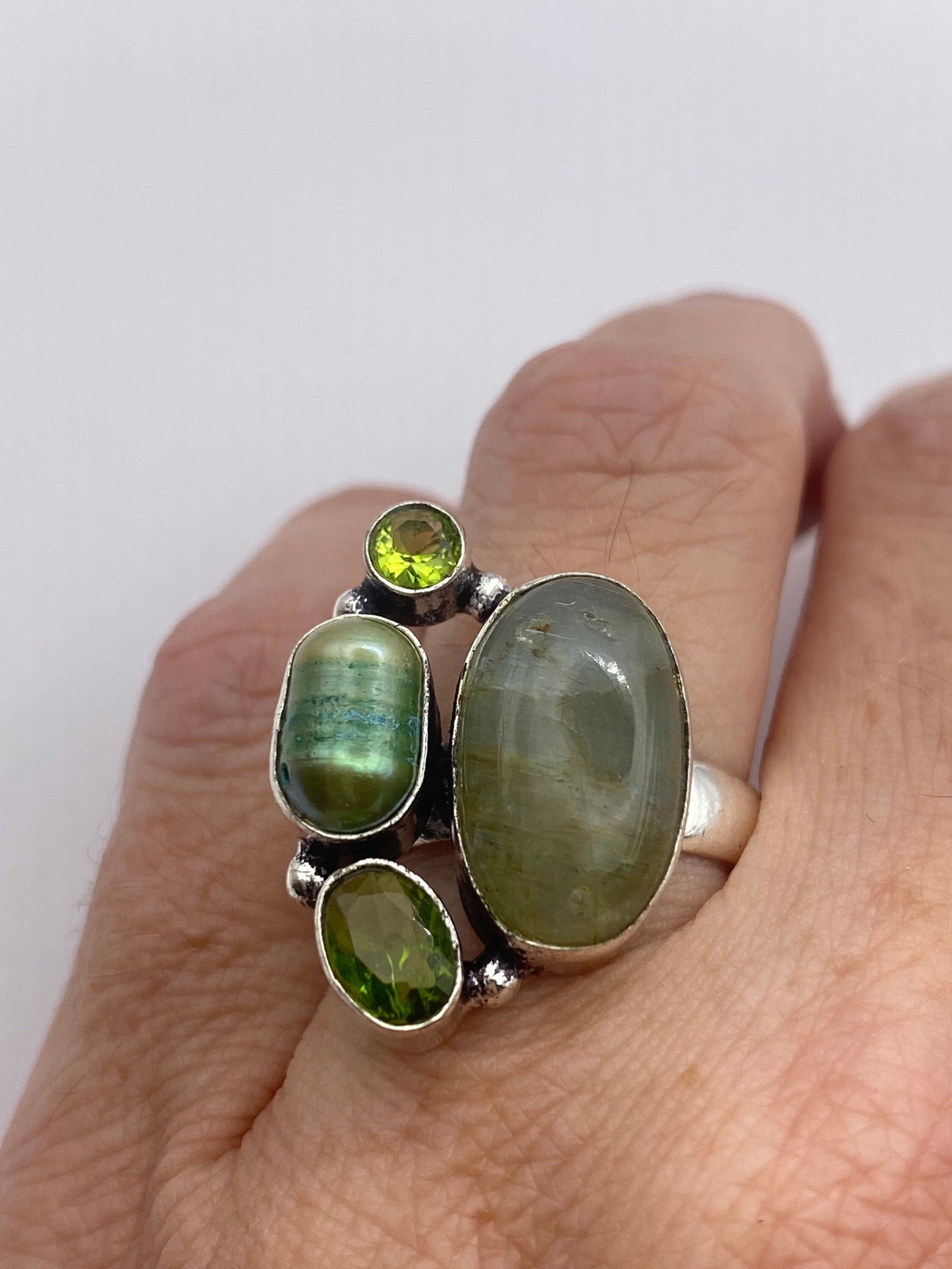 Vintage Green Pearl Peridot Jade Cocktail Ring