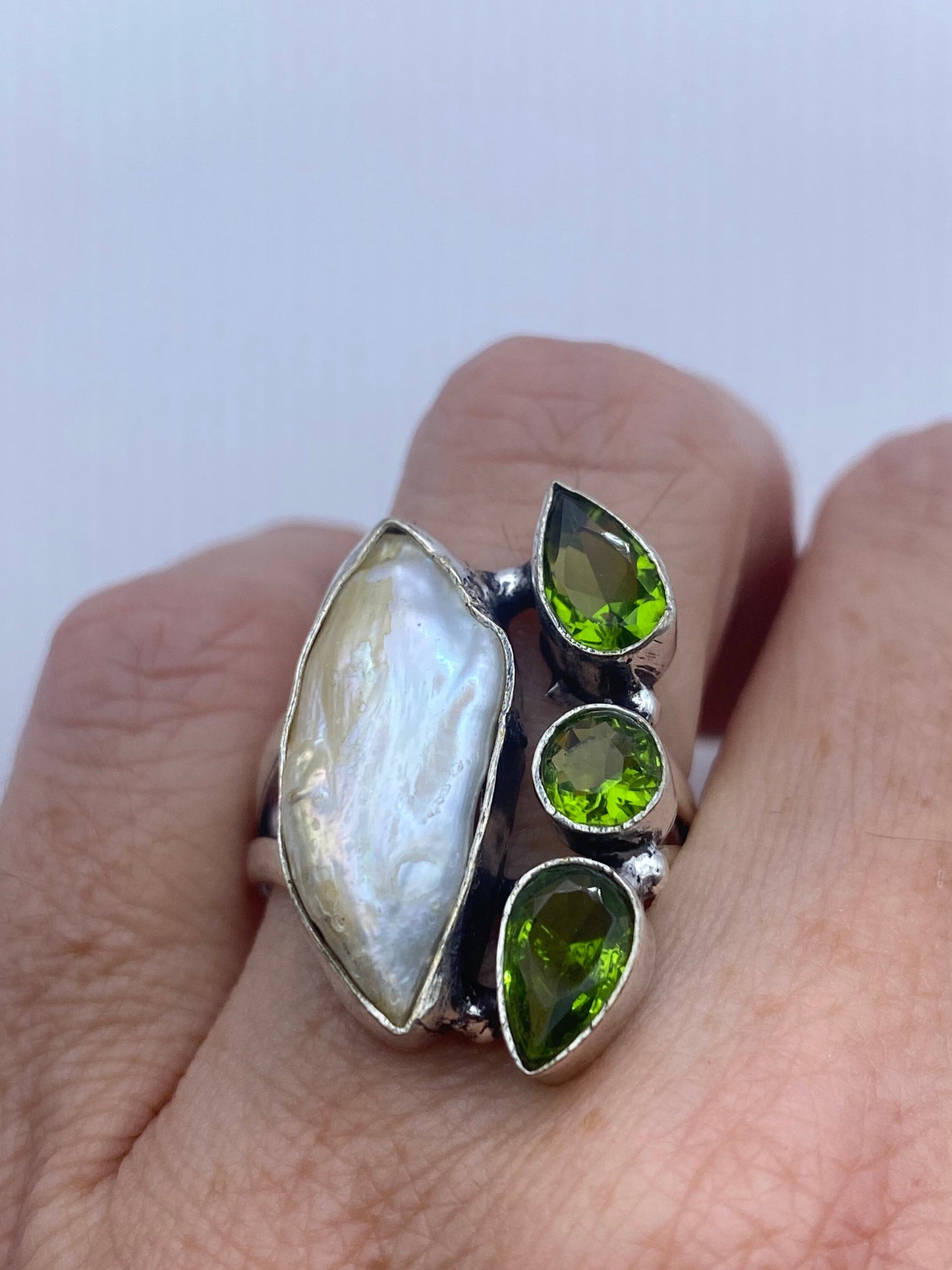 Vintage Green Pearl Peridot Cocktail Ring