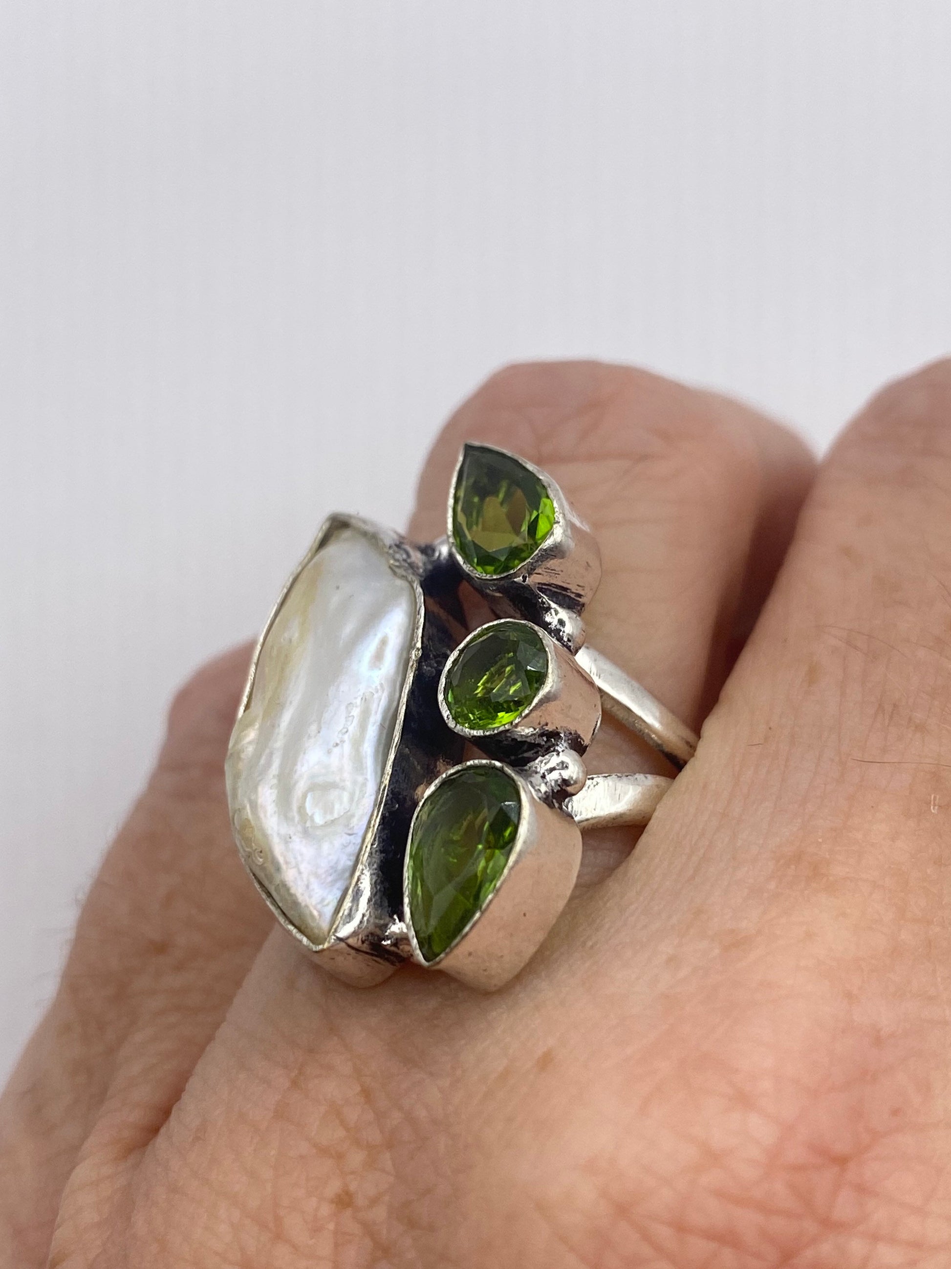 Vintage Green Pearl Peridot Cocktail Ring