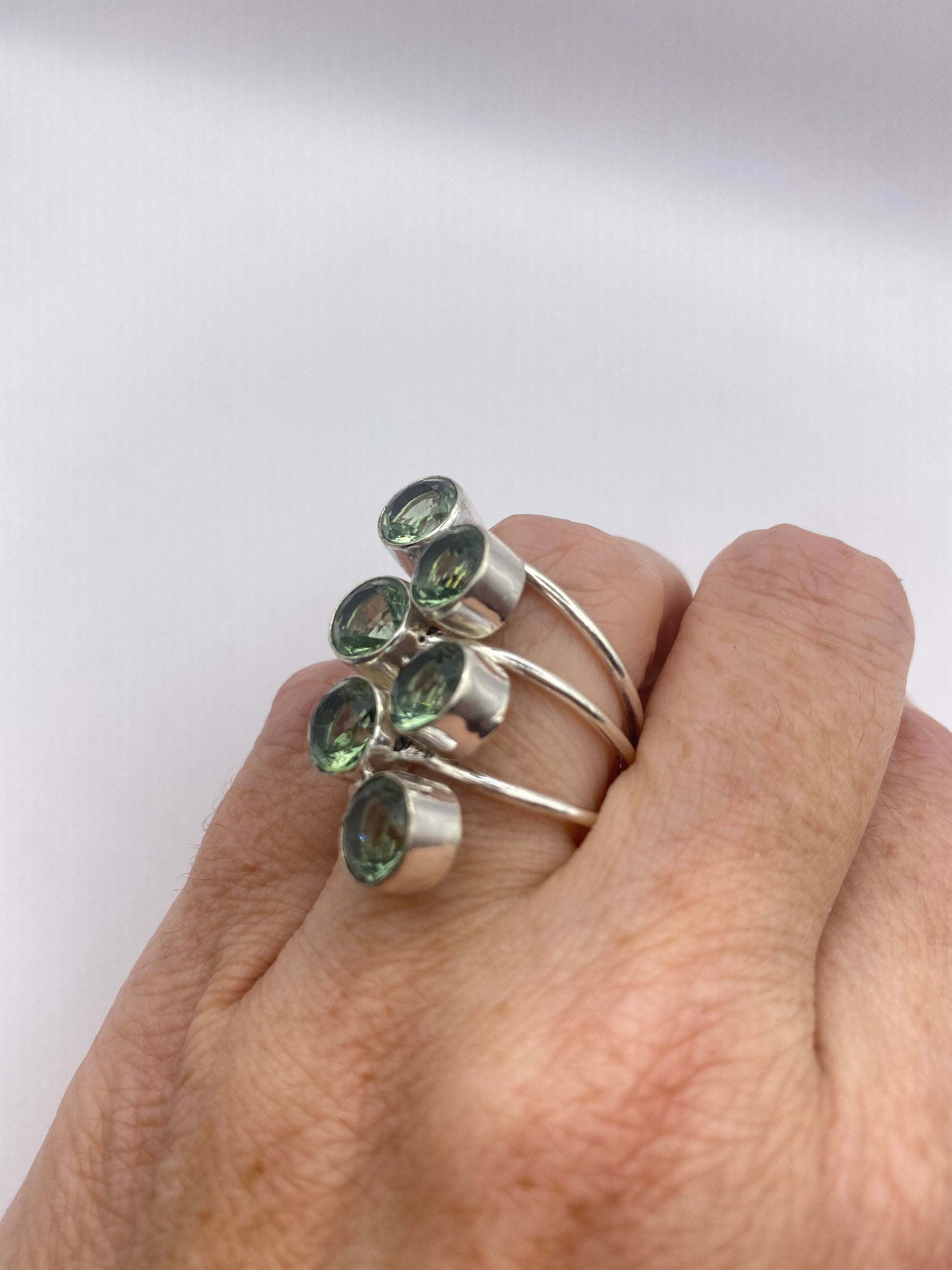 Vintage Green Quartz White Bronze Silver Ring Adjustable