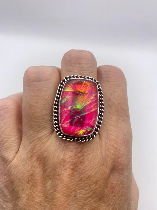 Vintage Aqua Pink Butterfly Wing Art Glass Ring