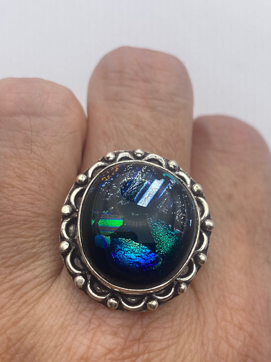 Vintage Aqua Blue Butterfly Wing Art Glass Ring