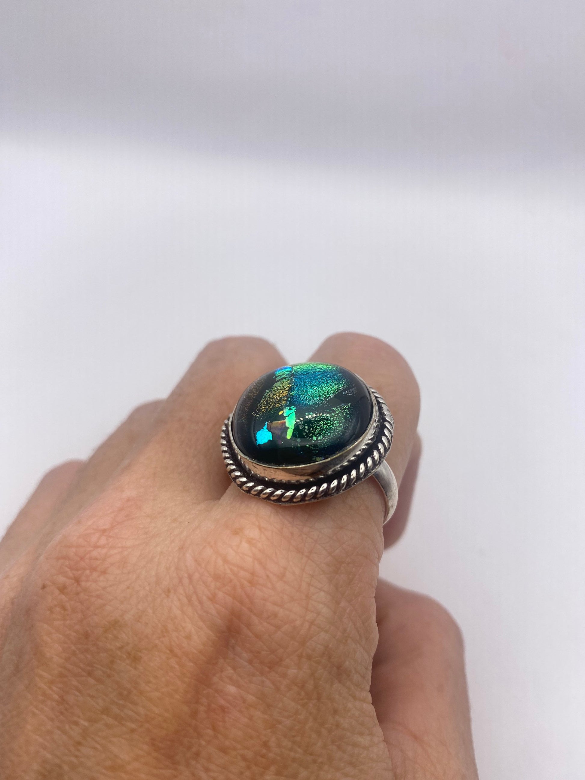 Vintage Aqua Blue Butterfly Wing Art Glass Ring