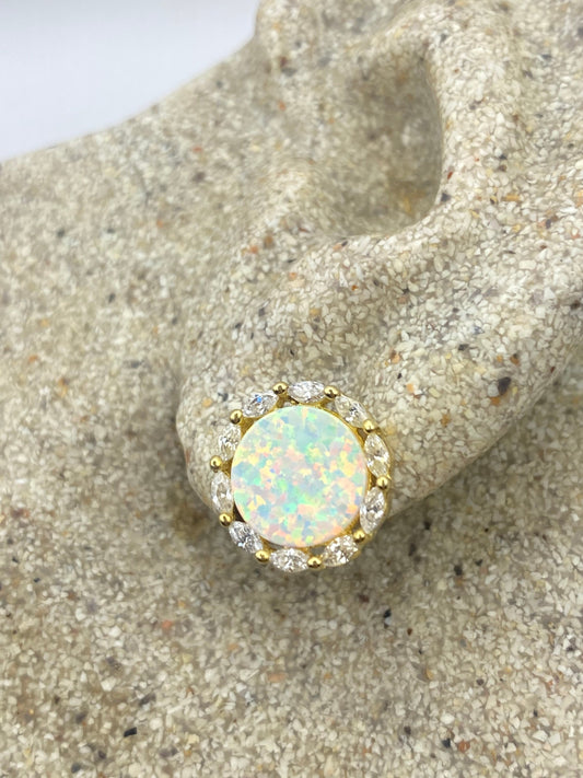 Vintage White Opal Earrings golden 925 Sterling Silver Stud Button