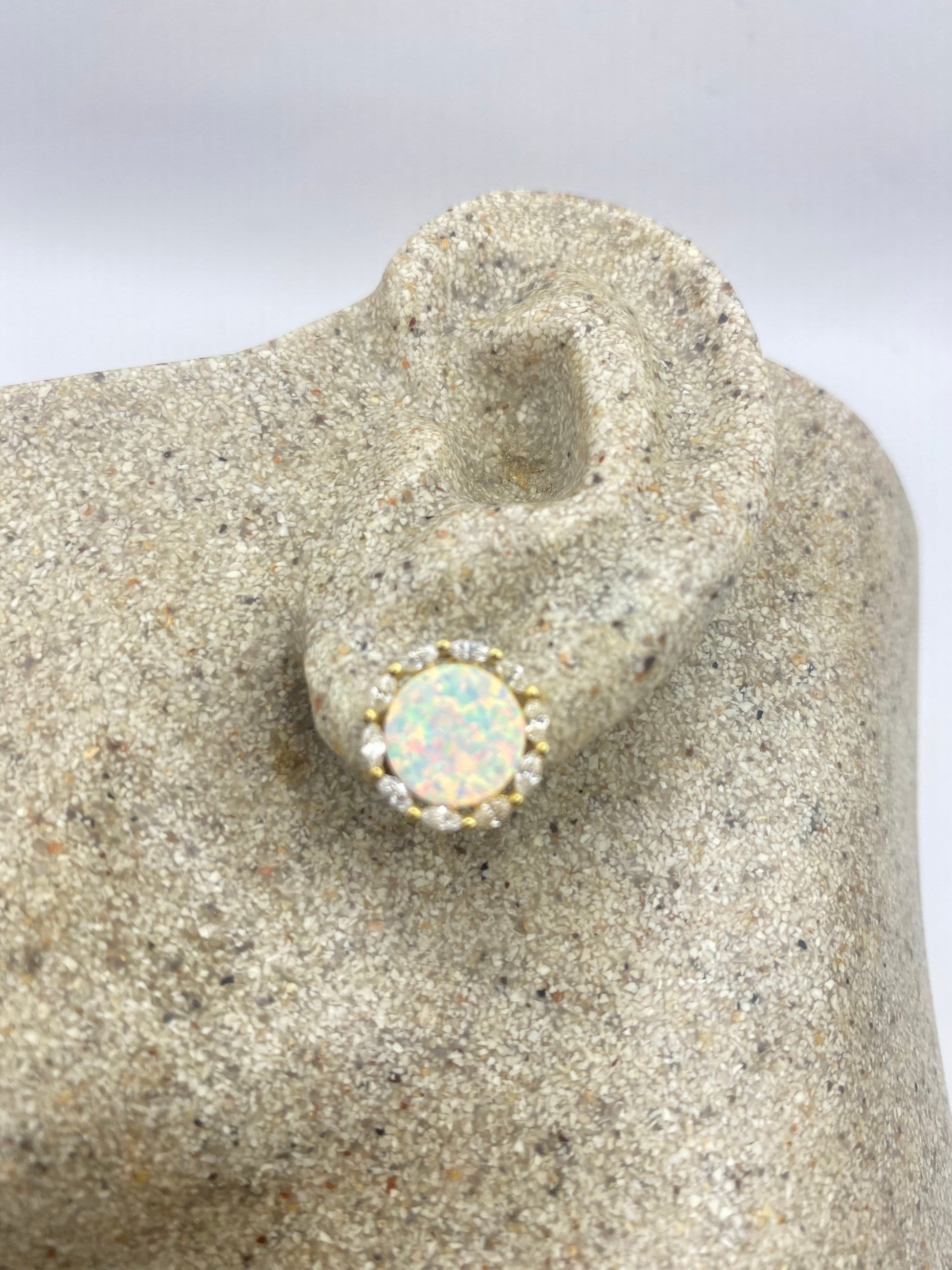 Vintage White Opal Earrings golden 925 Sterling Silver Stud Button