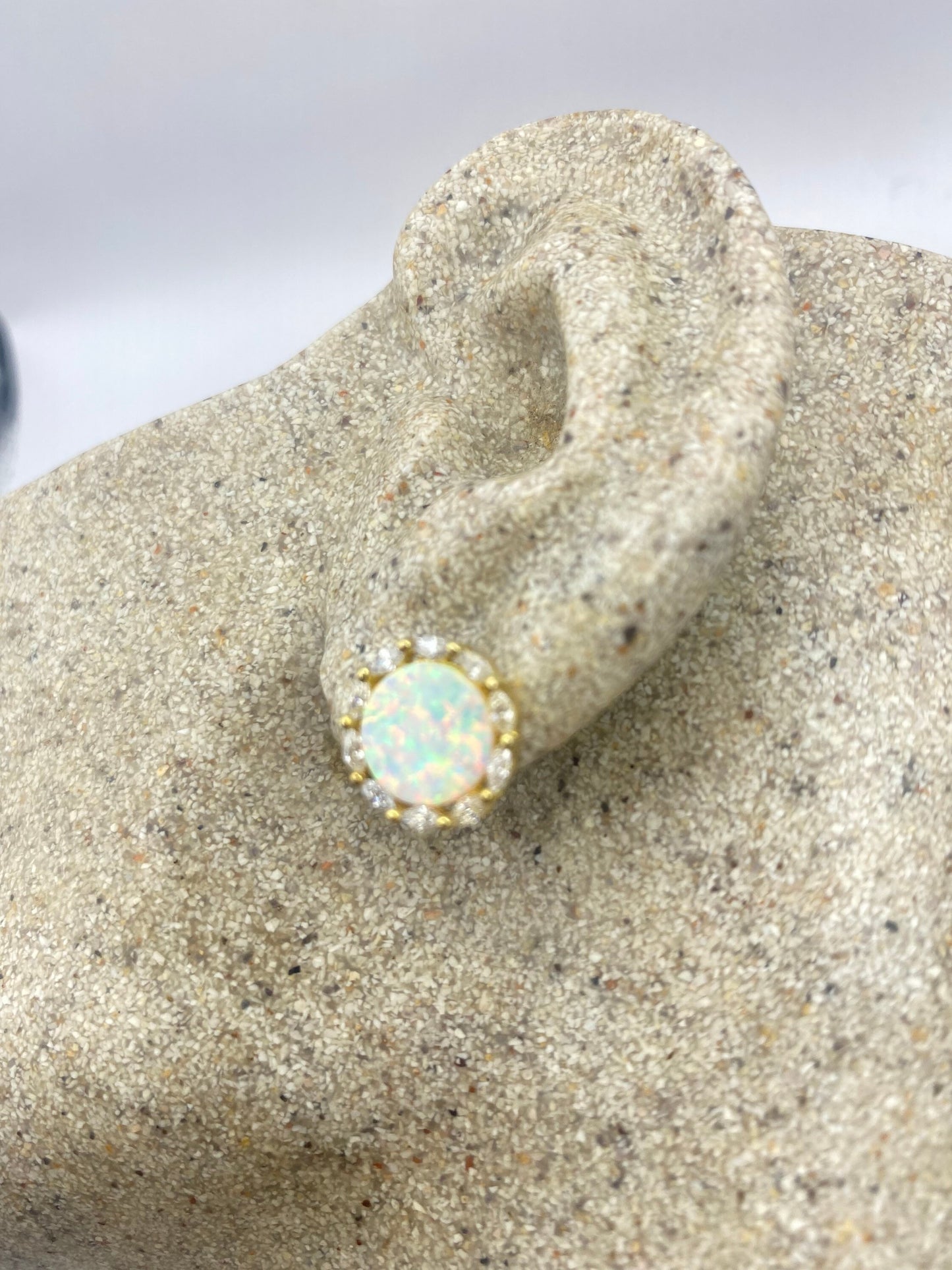 Vintage White Opal Earrings golden 925 Sterling Silver Stud Button