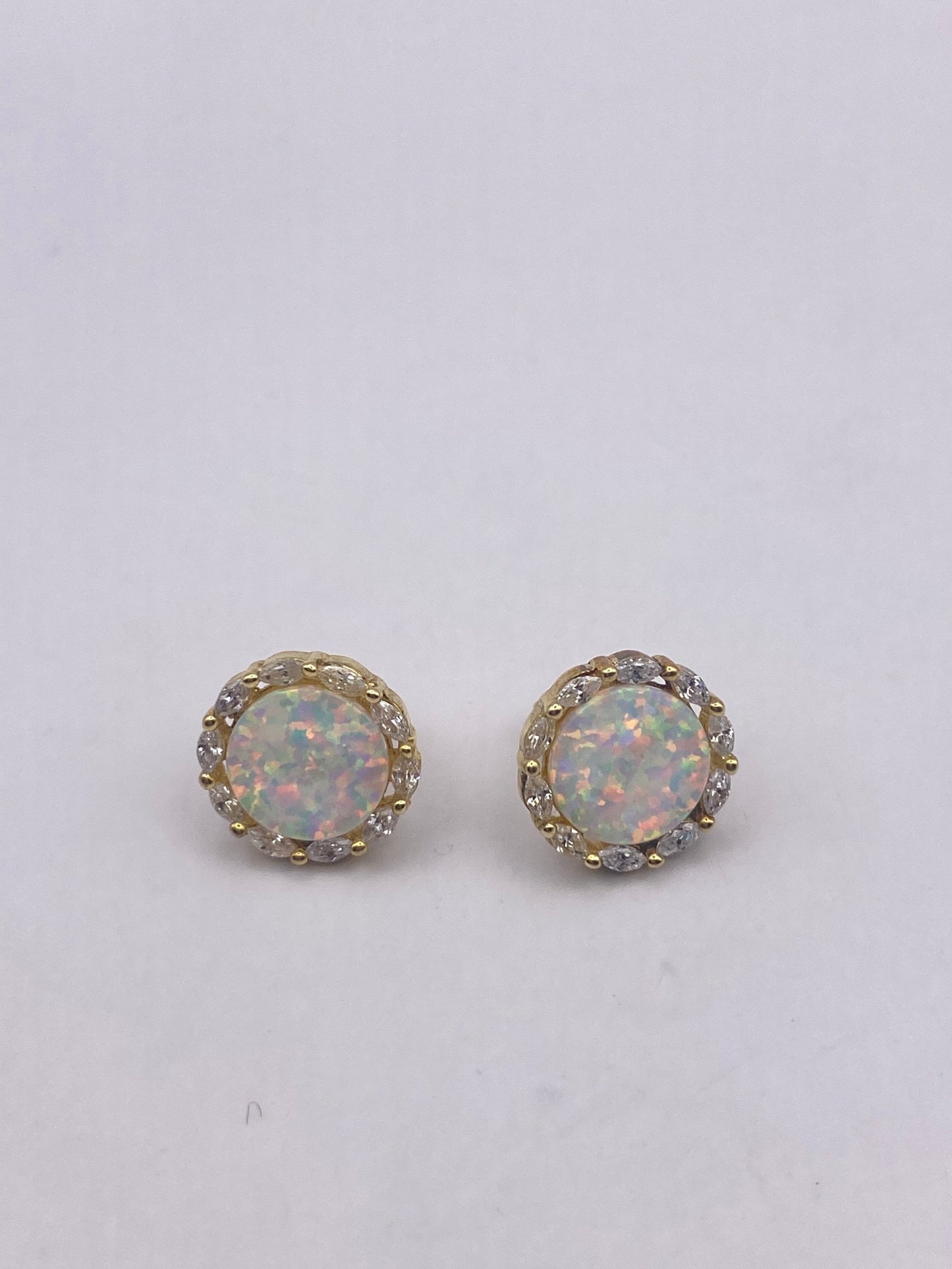 Vintage White Opal Earrings golden 925 Sterling Silver Stud Button