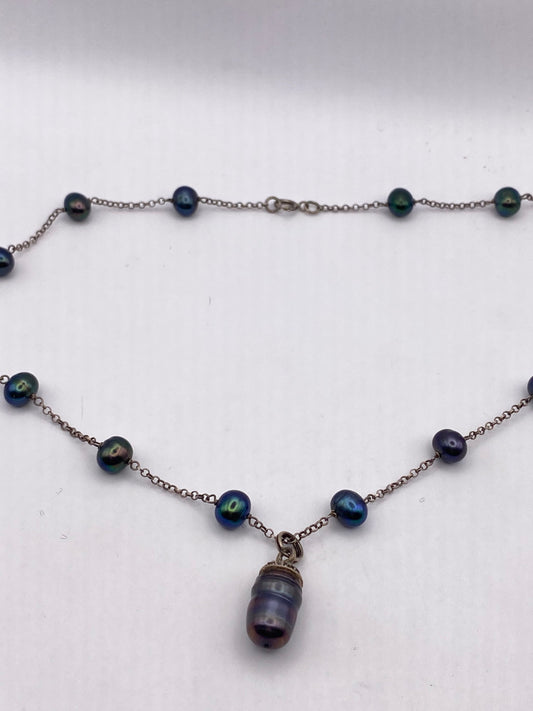 Vintage 925 Sterling Silver Peacock Black Pearl Pendant 16 inch Y necklace