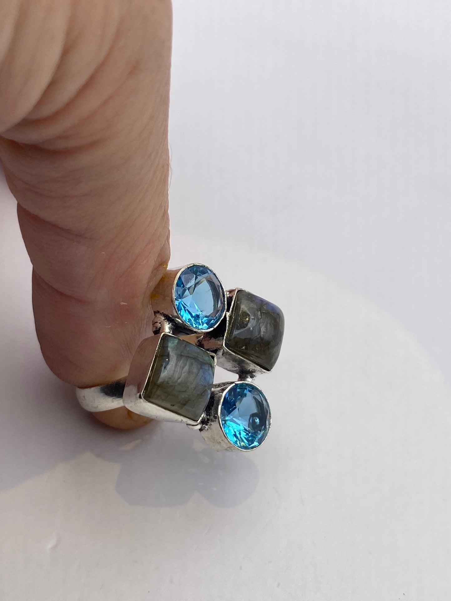 Vintage Rainbow Labradorite Blue Topaz Cocktail Ring