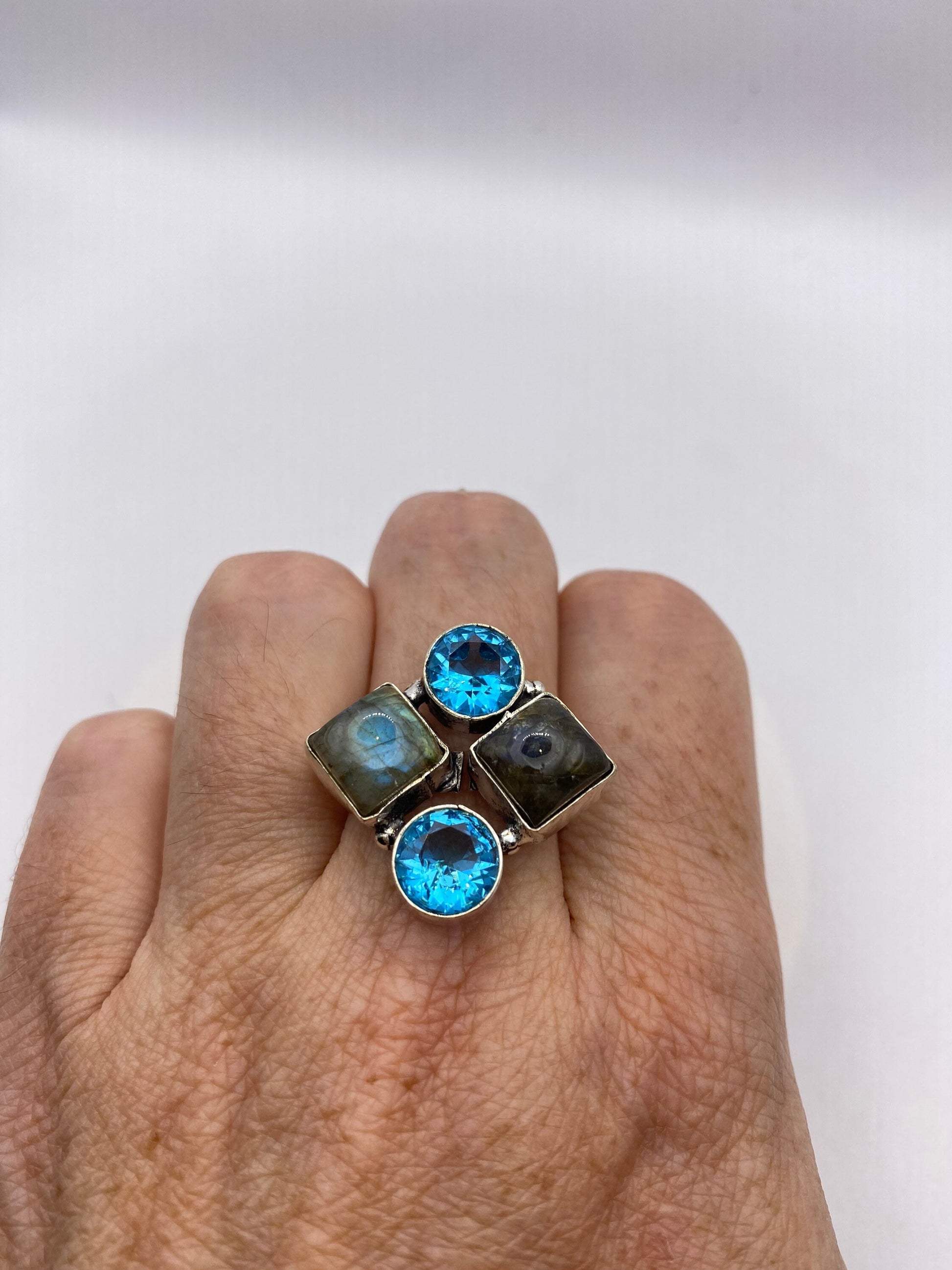 Vintage Rainbow Labradorite Blue Topaz Cocktail Ring