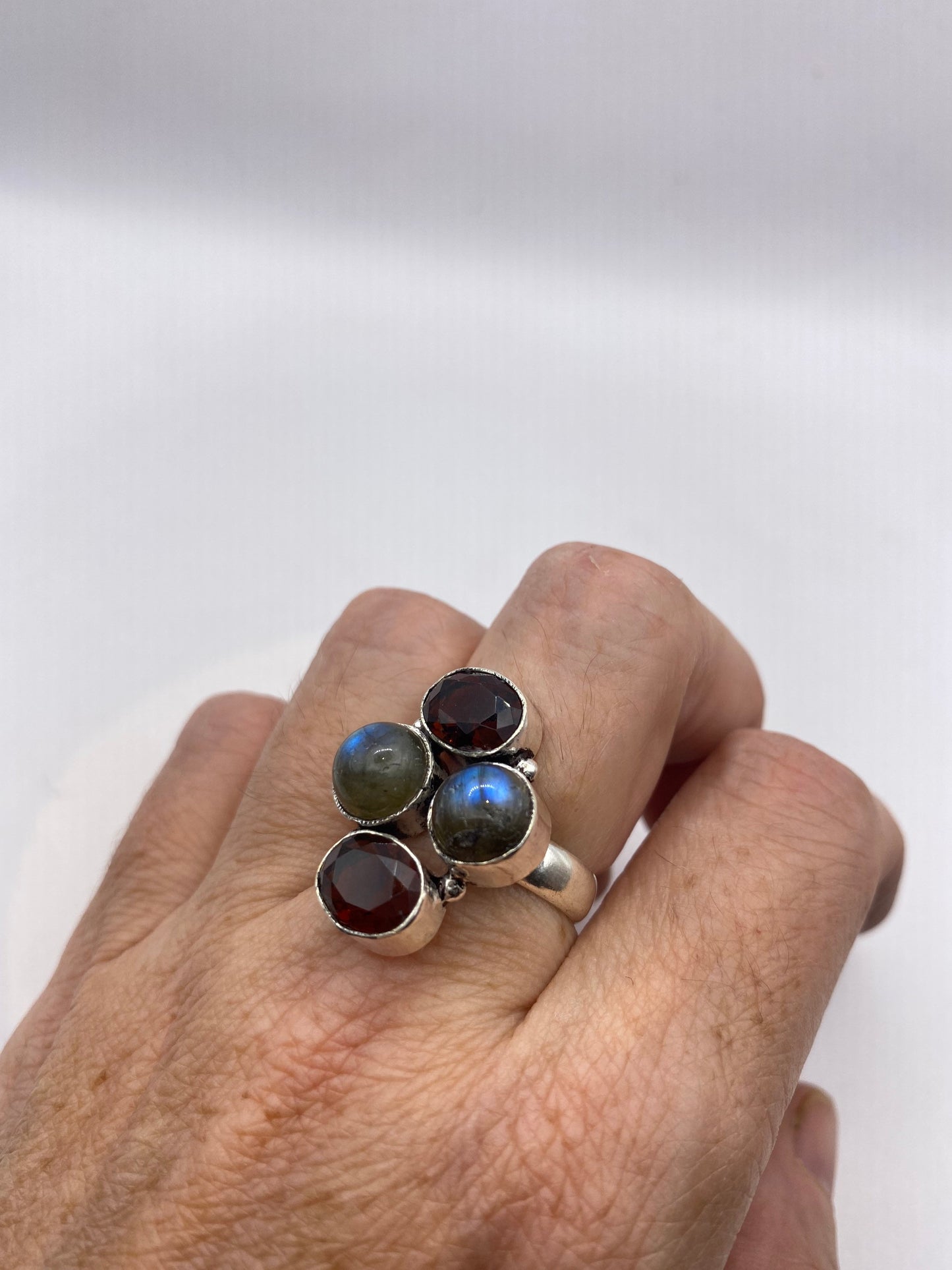 Vintage Rainbow Labradorite Red Garnet Cocktail Ring